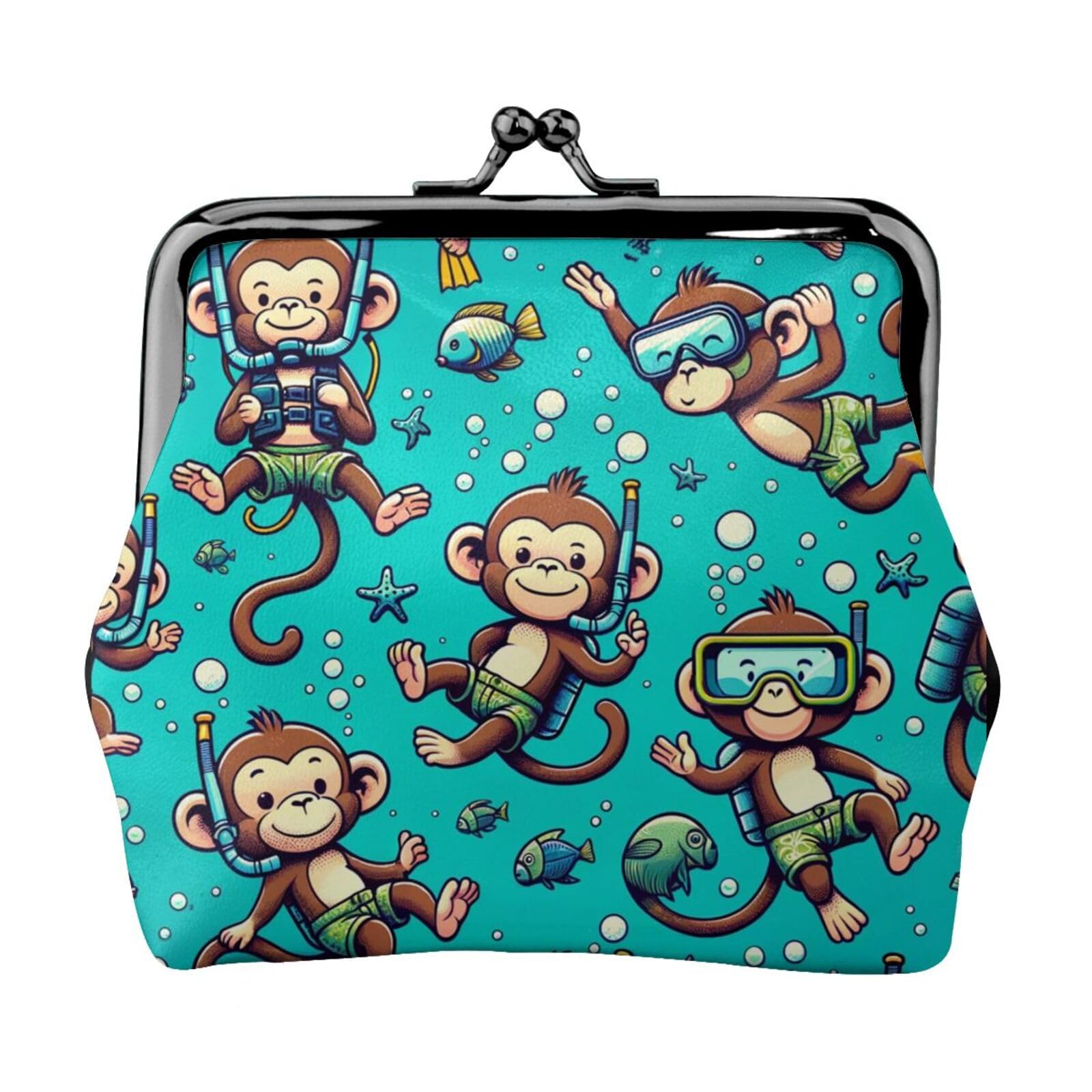 PU Leather Buckle Coin Purse - Cute Monkey Diving Holiday Design - Kiss-Lock Change Wallet for Women - Perfect for Travel, Gifts & Everyday Use