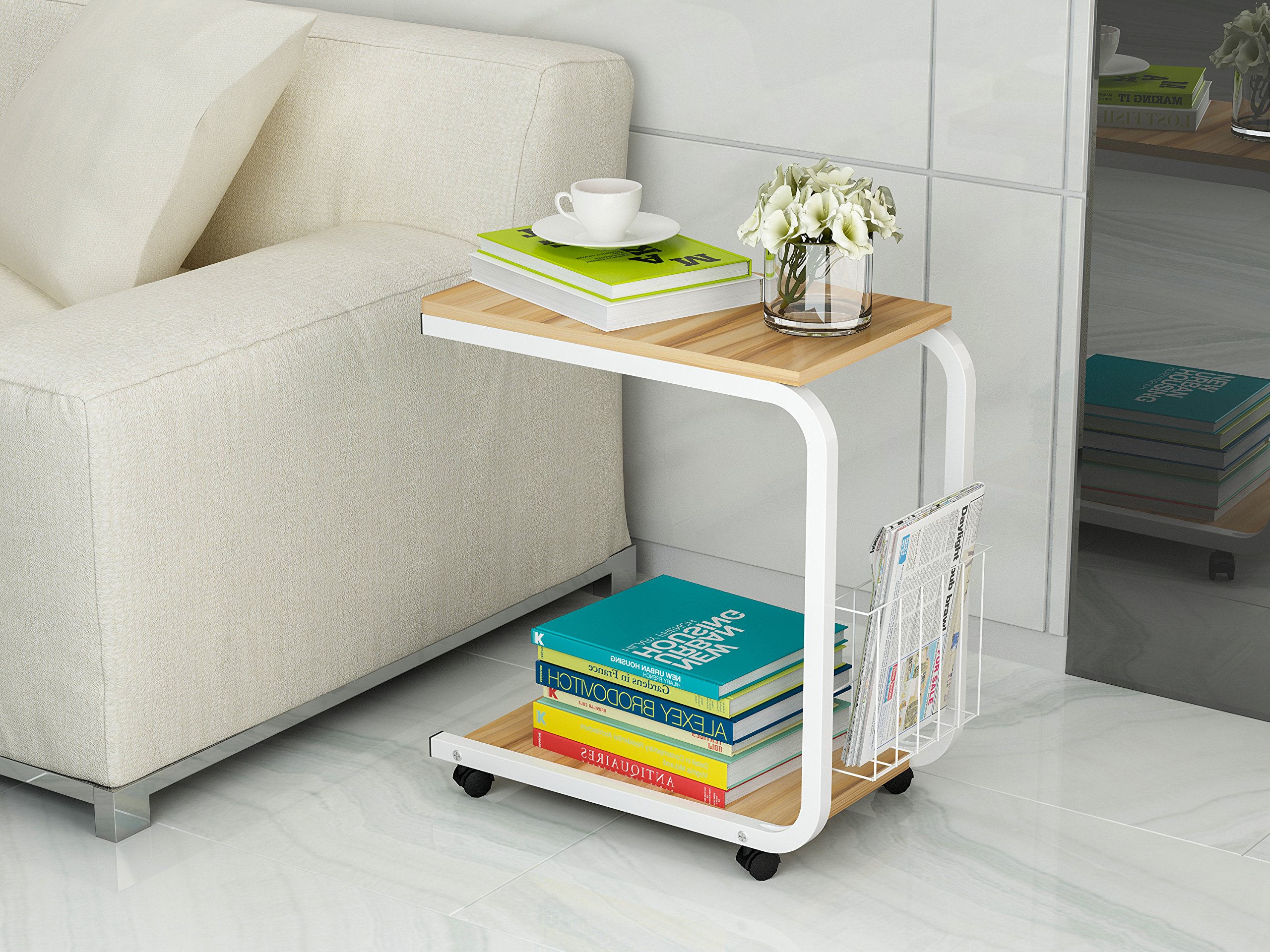 Polar Aurora Rolling End Table - Portable Nightstand, Desk Side Table, Laptop & Snack Stand with Wheels (Grain Wood) - Perfect for Bedroom, Living Room, Office & Small Spaces