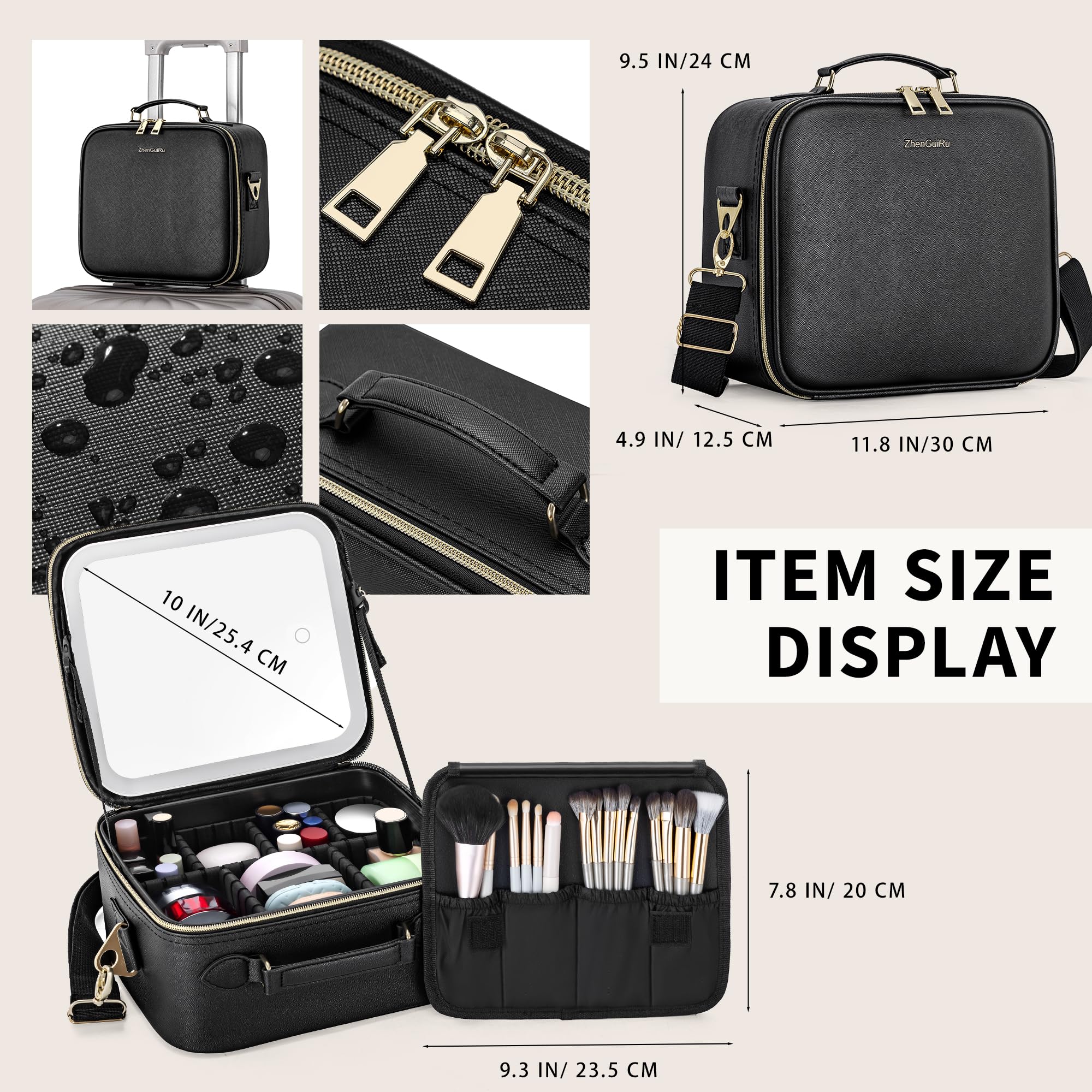 LED Makeup Bag with Mirror - Portable Travel Cosmetic Organizer Case with Lighted Mirror & Brush Holder, Black Makeup Artist Storage Pouch for Women | Perfect for Travel, Home Use & Professional Makeup Artists