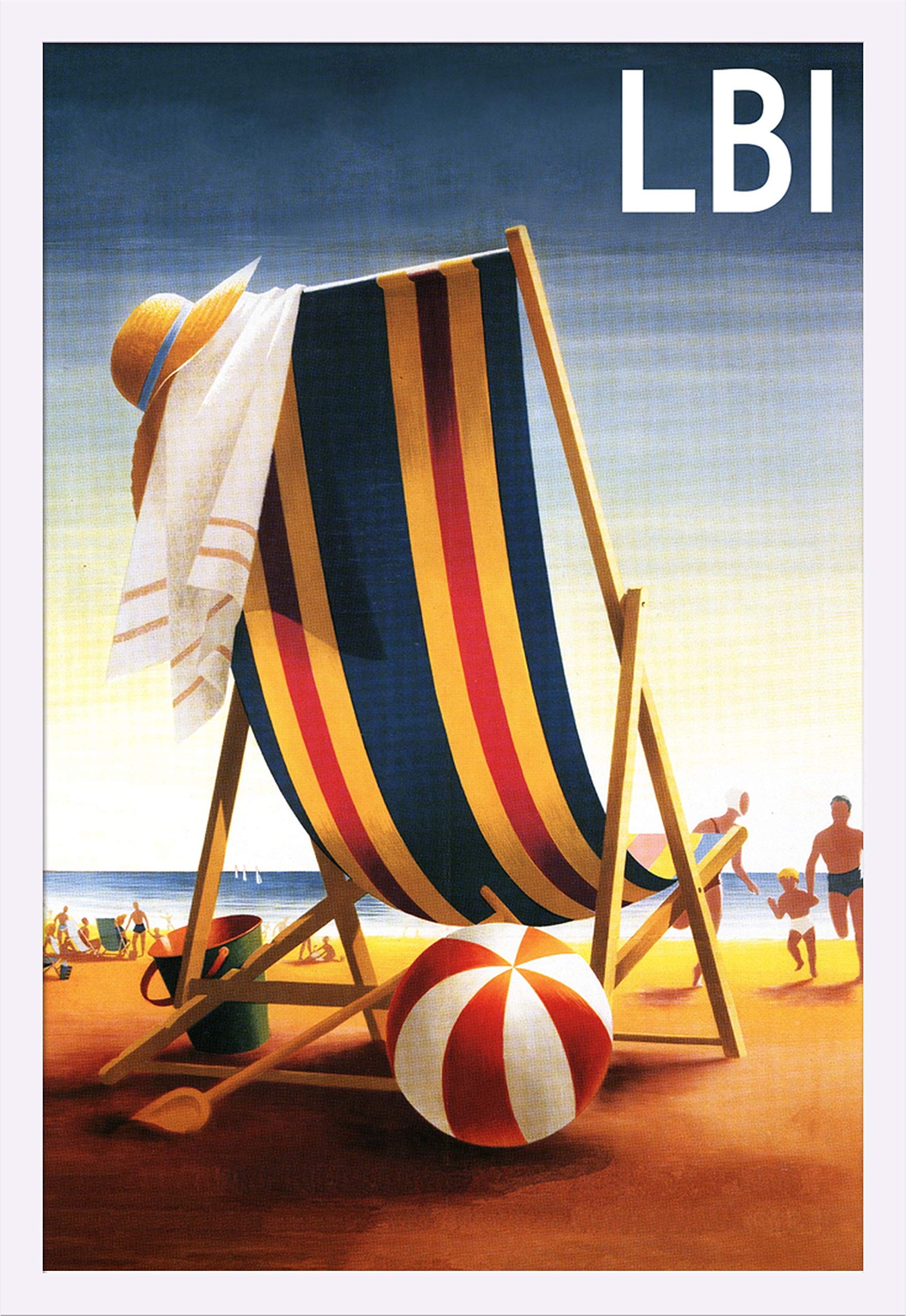 Long Beach Island LBI Beach Chair and Ball 51983 - 24x36 Giclee Art Print Gallery Framed White Wood - Coastal Wall Decor for Living Room, Bedroom & Beach House