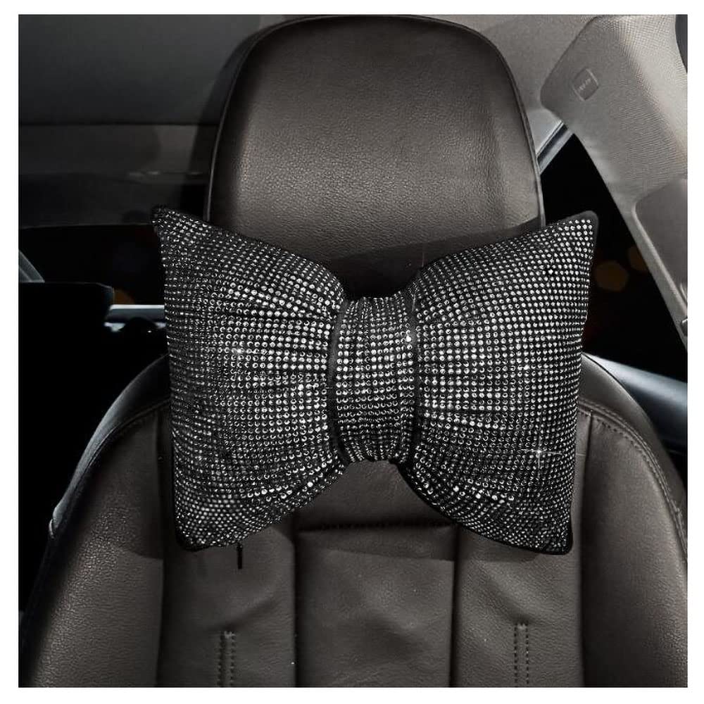 HappyERA Rhinestone Bowknot Car Headrest Pillow - Crystal Diamond Neck Support Cushion for Pain Relief, Black Luxury Car Accessory | Perfect for Long Drives, Road Trips & Commuting Comfort
