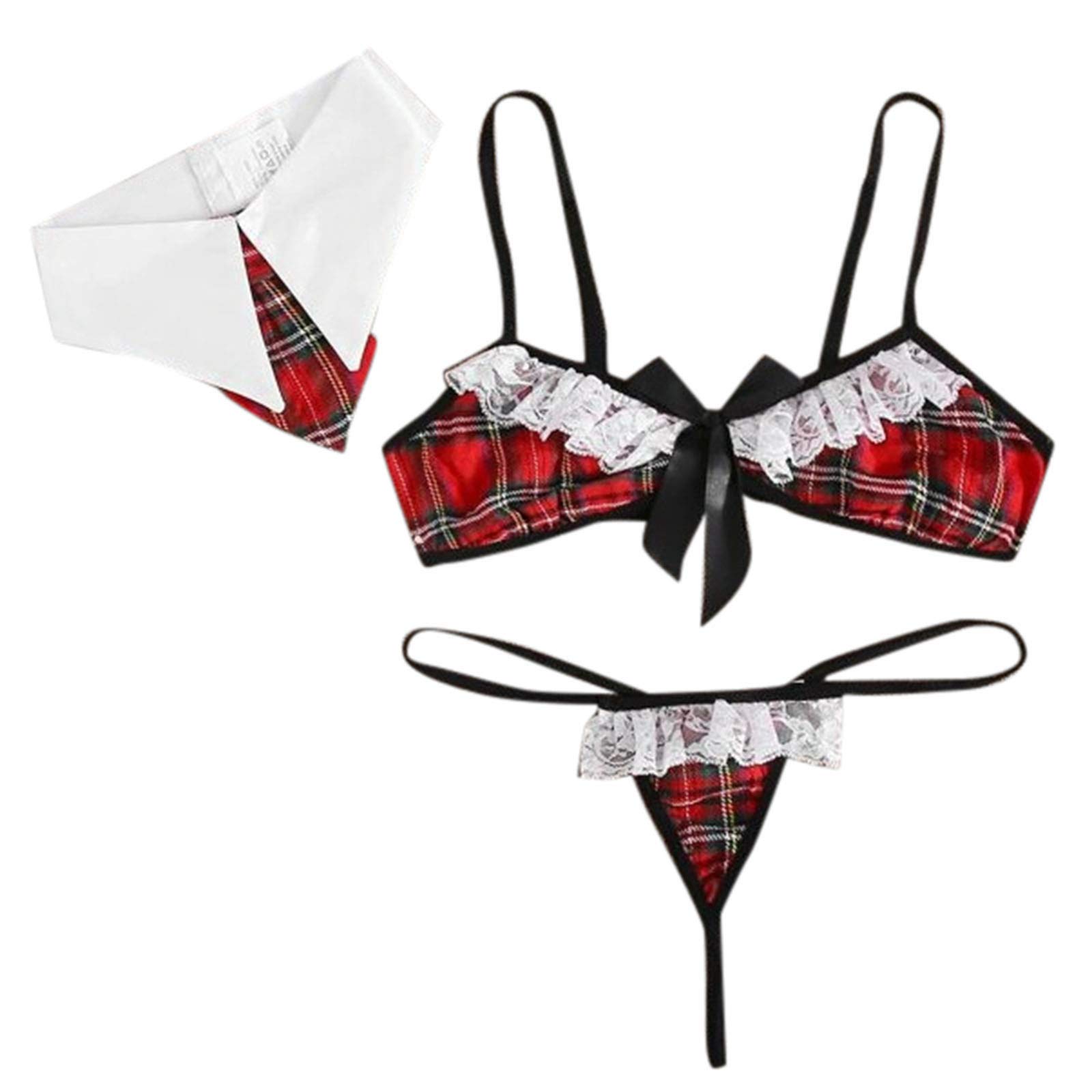 Leyerer Women's 3-Piece Lace Plaid Lingerie Set - Sexy Halter Bra & Thong Pajama Nightwear for Romantic Evenings & Boudoir Photography