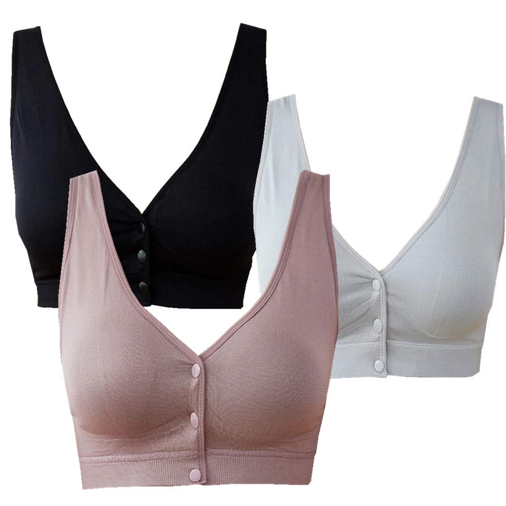 3 Pack Women's Front Close Sports Bras - Seamless Light Support Sleep Underwear with Easy On/Off Design for Yoga, Gym & Lounge Wear