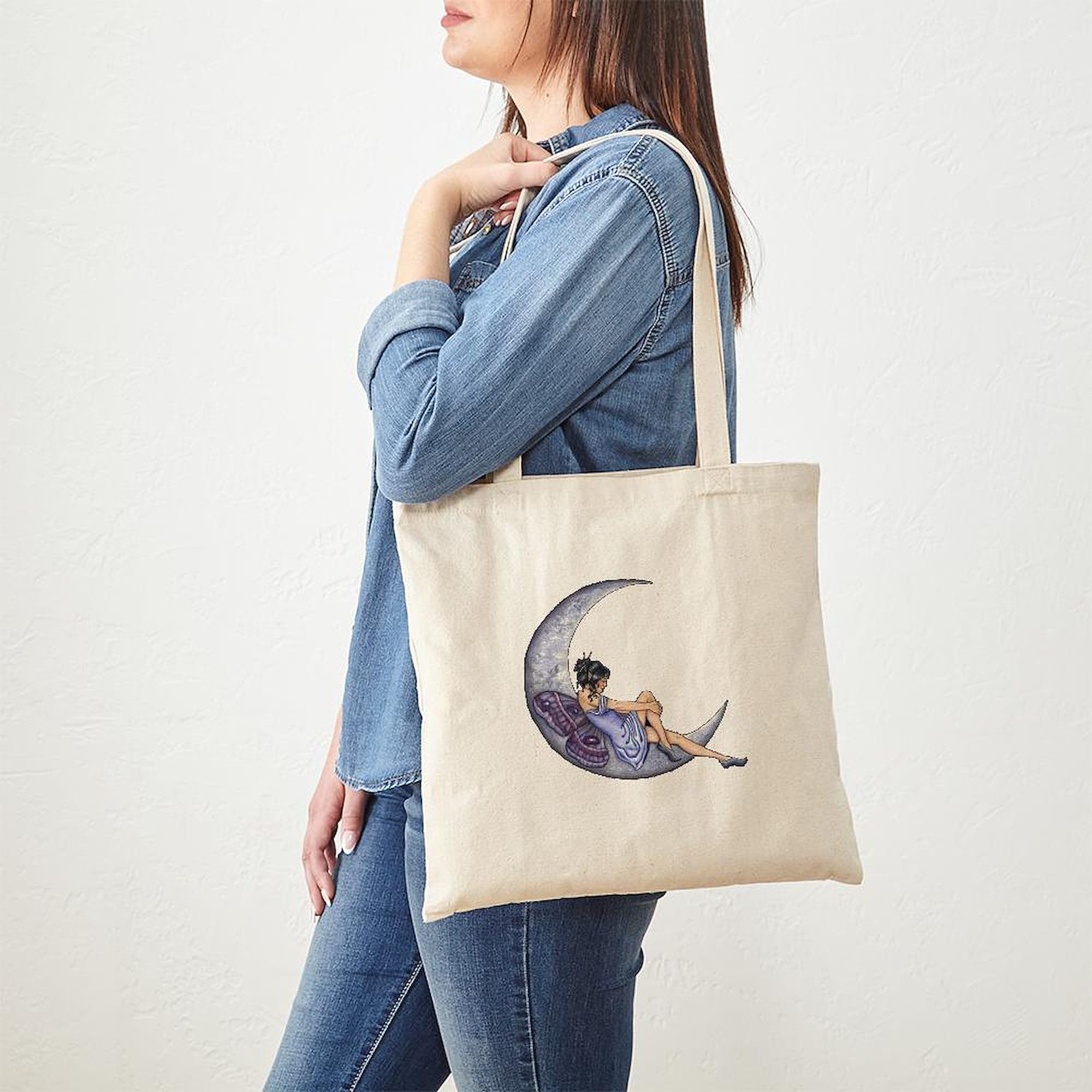 Fairy Moon Tote Bag - Natural Canvas Reusable Shopping Bag for Women | Eco-Friendly Grocery Tote for Beach, Market & Daily Use