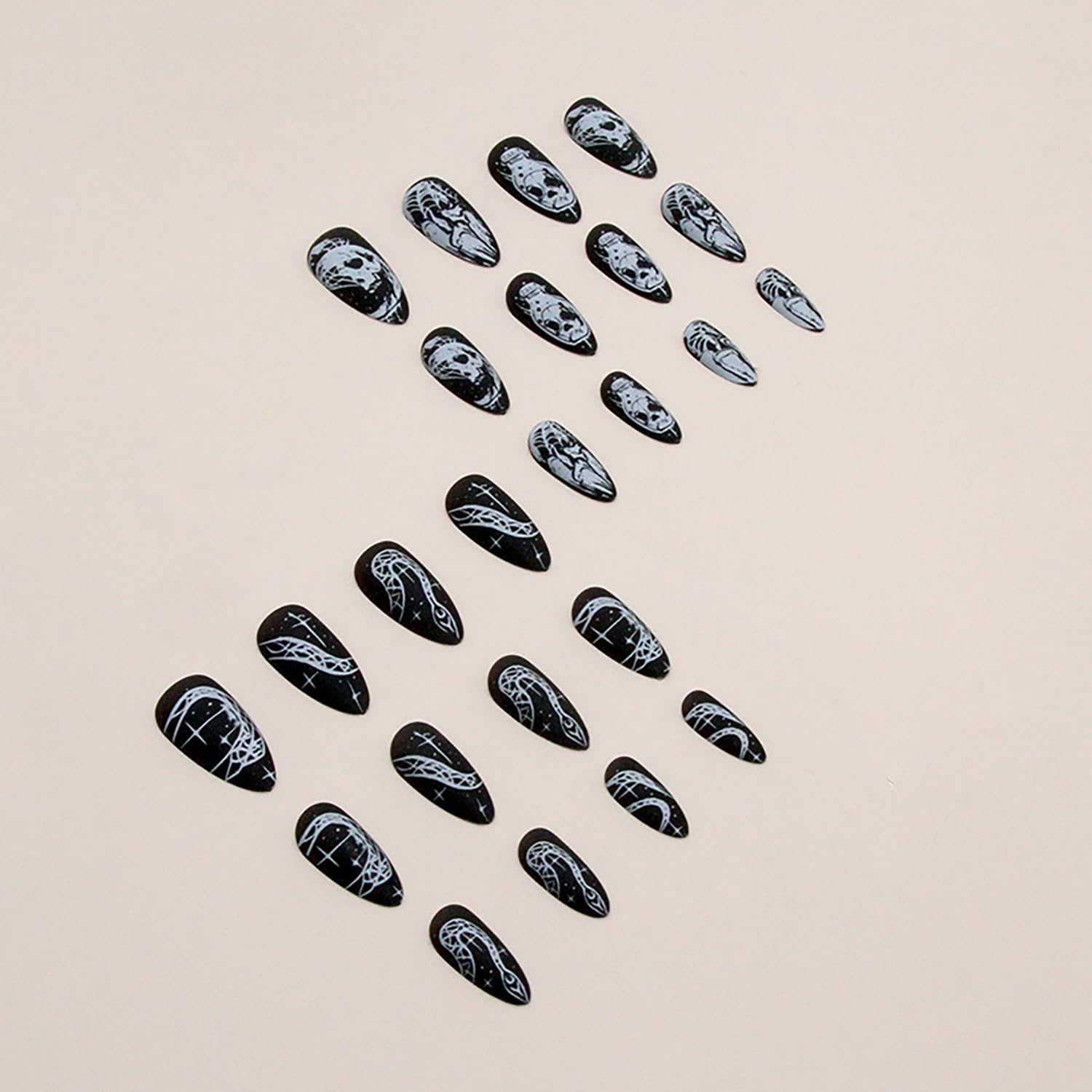 Halloween Press on Nails Almond Shape - 24Pcs Black Glossy Acrylic Fake Nails with Skull & Snake Designs - Reusable Full Cover False Nails for Women - Perfect for Day of The Dead, Costume Parties & Spooky Events