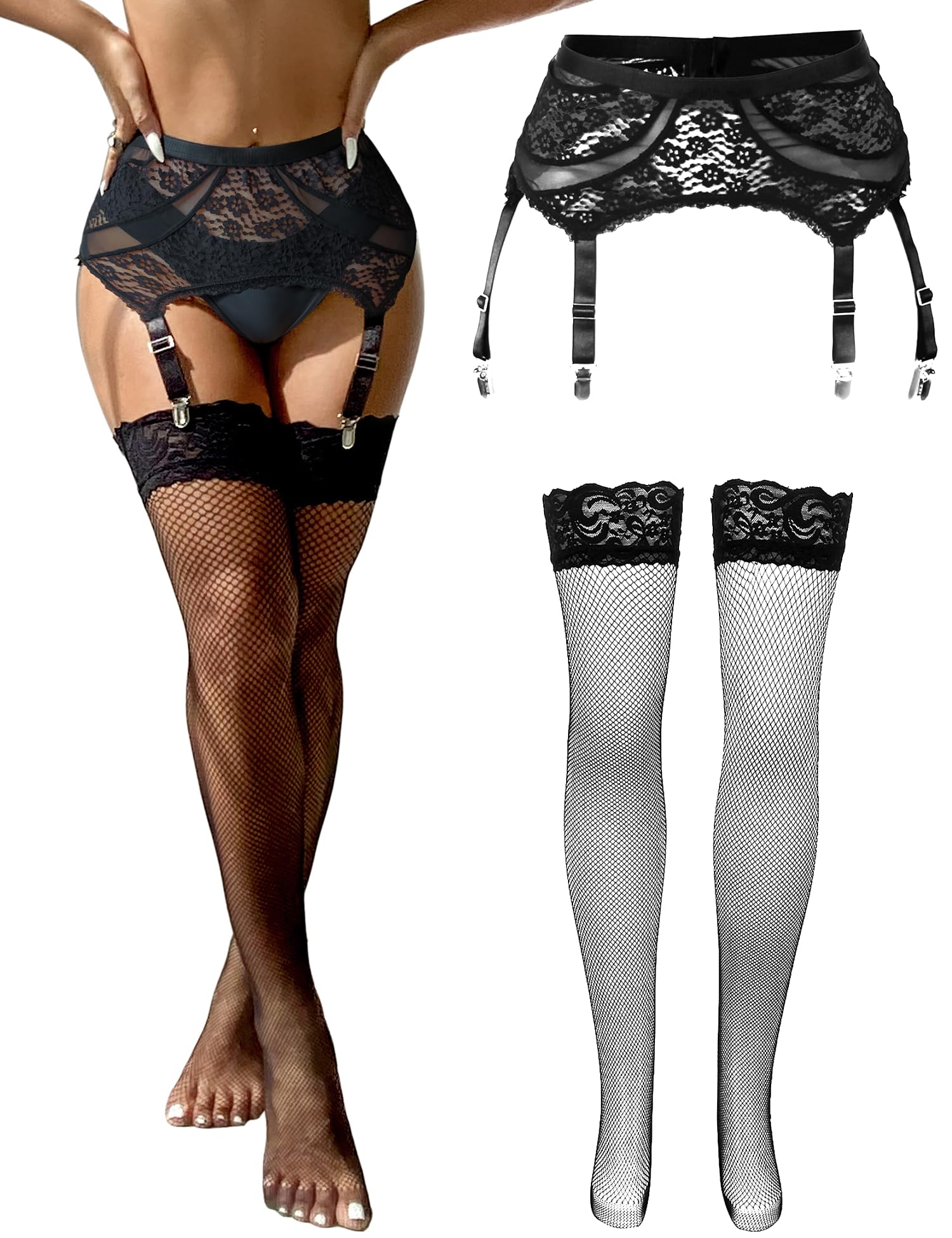 OhYeah 4-Strap Easy Clip-On Lace Garter Belt for Thigh High Stockings - Sexy Garter Belt & Stockings Set (XS-4XL) | Perfect for Bridal, Lingerie & Special Occasions