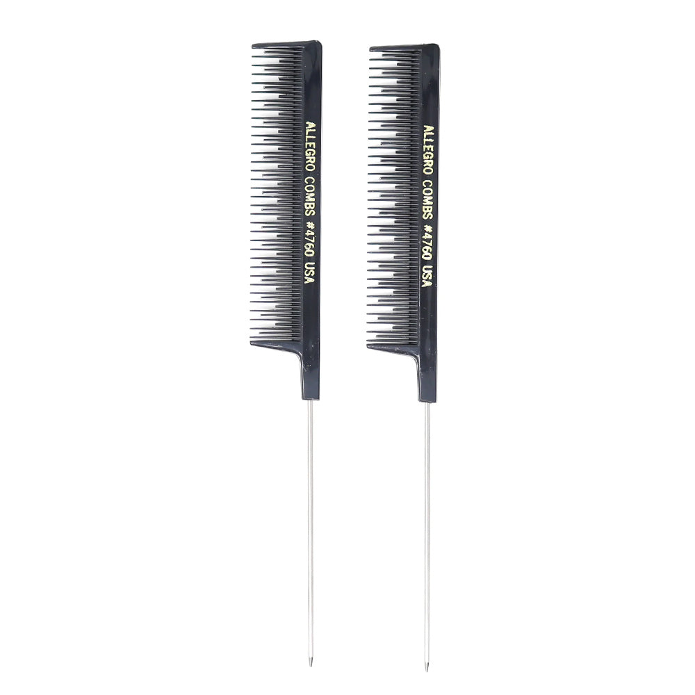 Allegro Teasing Comb & Pintail Rattail Comb Set - 2 Pack Black - USA Made - Perfect for Styling, Detangling & Creating Volume for Hair