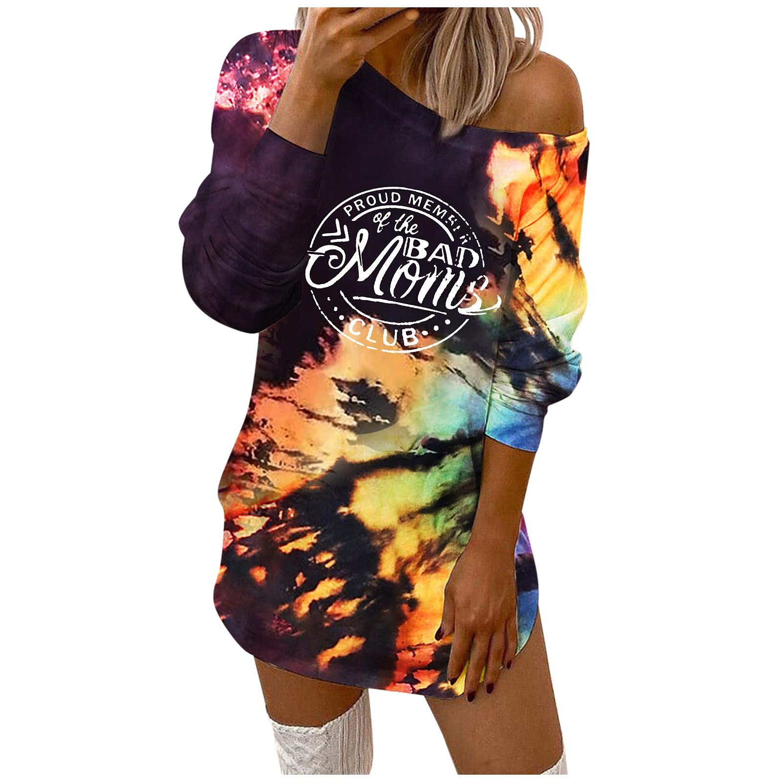 KASAAS Women's Casual Tie-Dye Print Off Shoulder Sweatshirt Dress - Long Sleeve O-Neck Maxi Dress for Spring Summer Fall Fashion | Perfect for Beach, Vacation, Date Night & Casual Outings