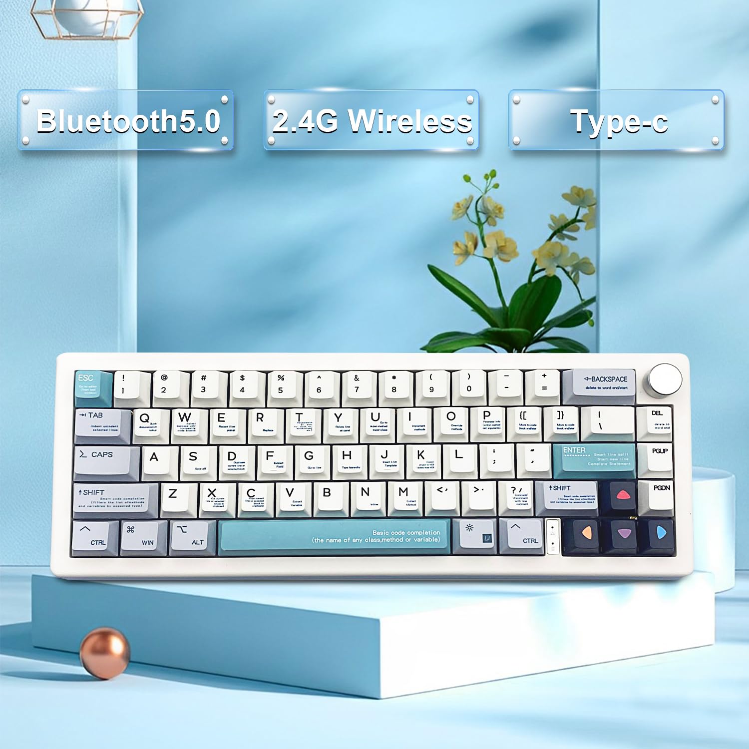 BOYI GMK67 65% Hot-Swappable Mechanical Keyboard Kit - Bluetooth 5.0/2.4G/Type-C Tri-Mode Wireless, RGB Backlit, Customizable PCB Mounting Plate with EVA Sound Insulation Mat (White with Knob) - Perfect for Gaming, Typing & Office Work