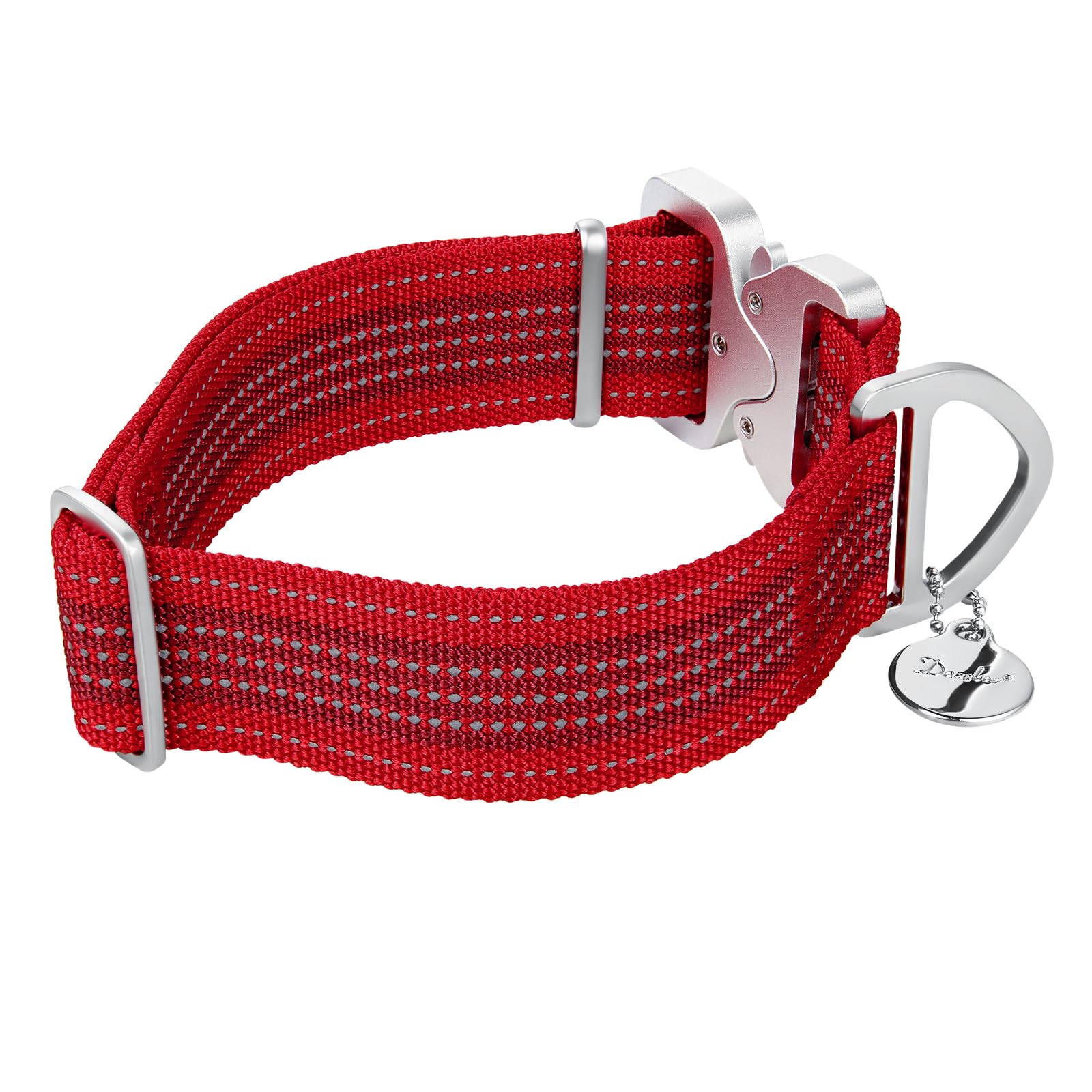 Extra Strong 1.5 Inch Wide Aluminum Quick Release Nylon Dog Collar - Reflective Adjustable Pet Collar with Two-Color Stripe for Medium to XLarge Dogs (XLarge, Red) - Perfect for Night Walks, Training & Outdoor Adventures