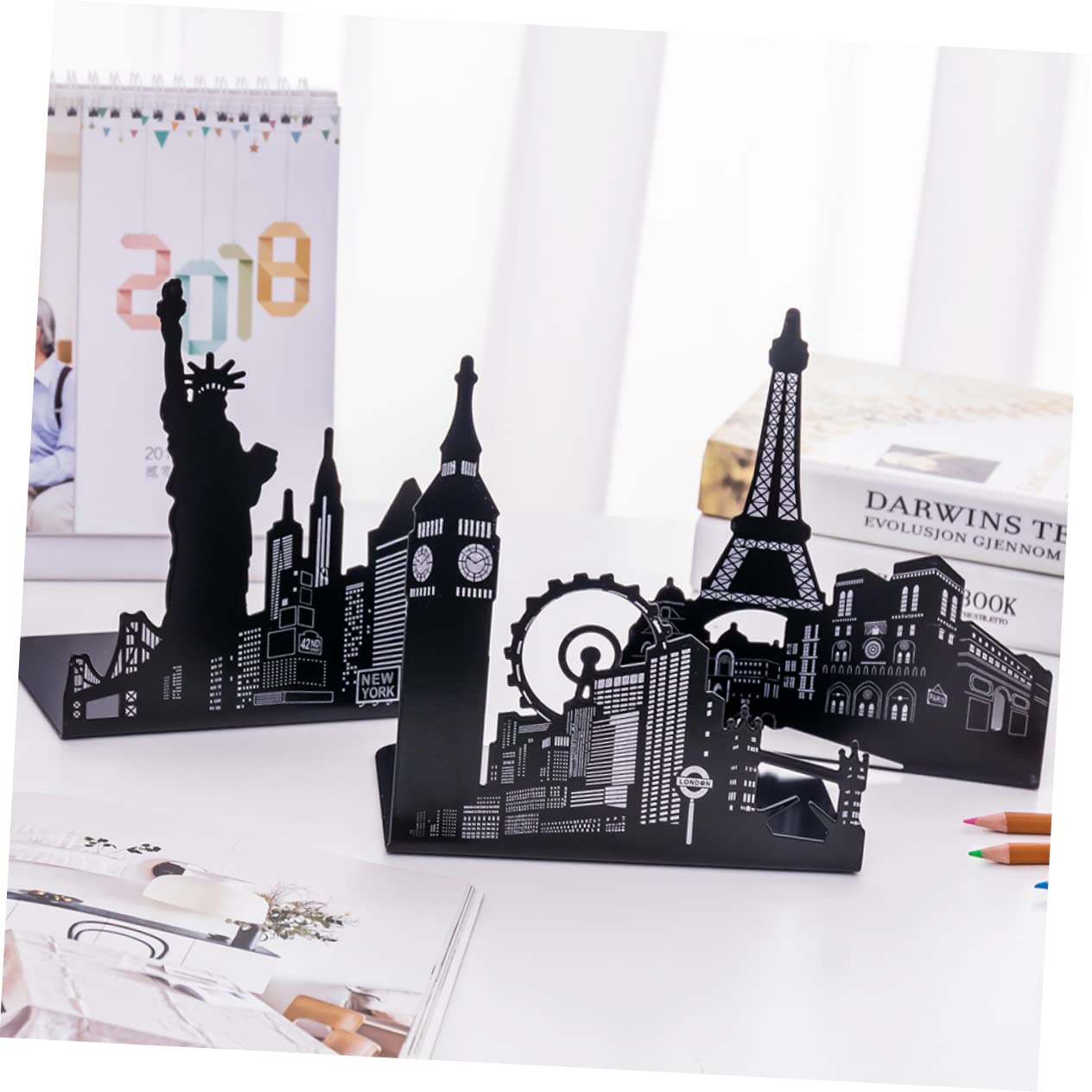 3 Pairs Creative Gold Bookends for Kids - Cool Decorative Book Stoppers, Tower Wheel Design for Shelves, Book Rack & Student Books - Perfect for Bedroom, Study Room & Classroom Organization