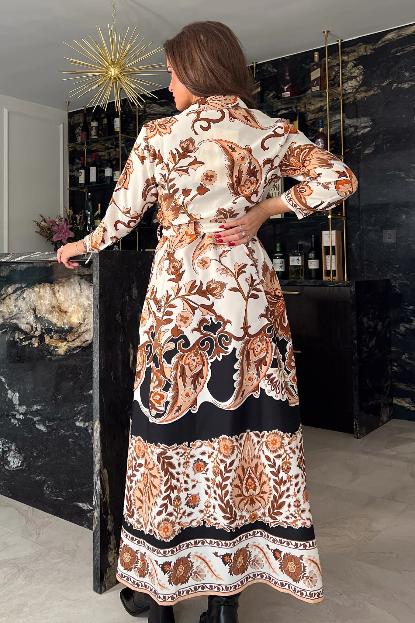 ANGELA BOARDER PRINT SHIRT MAXI DRESS in Brown | Flowy Long Sleeve Boho Dress for Women | Perfect for Beach Vacations, Date Nights & Summer Parties
