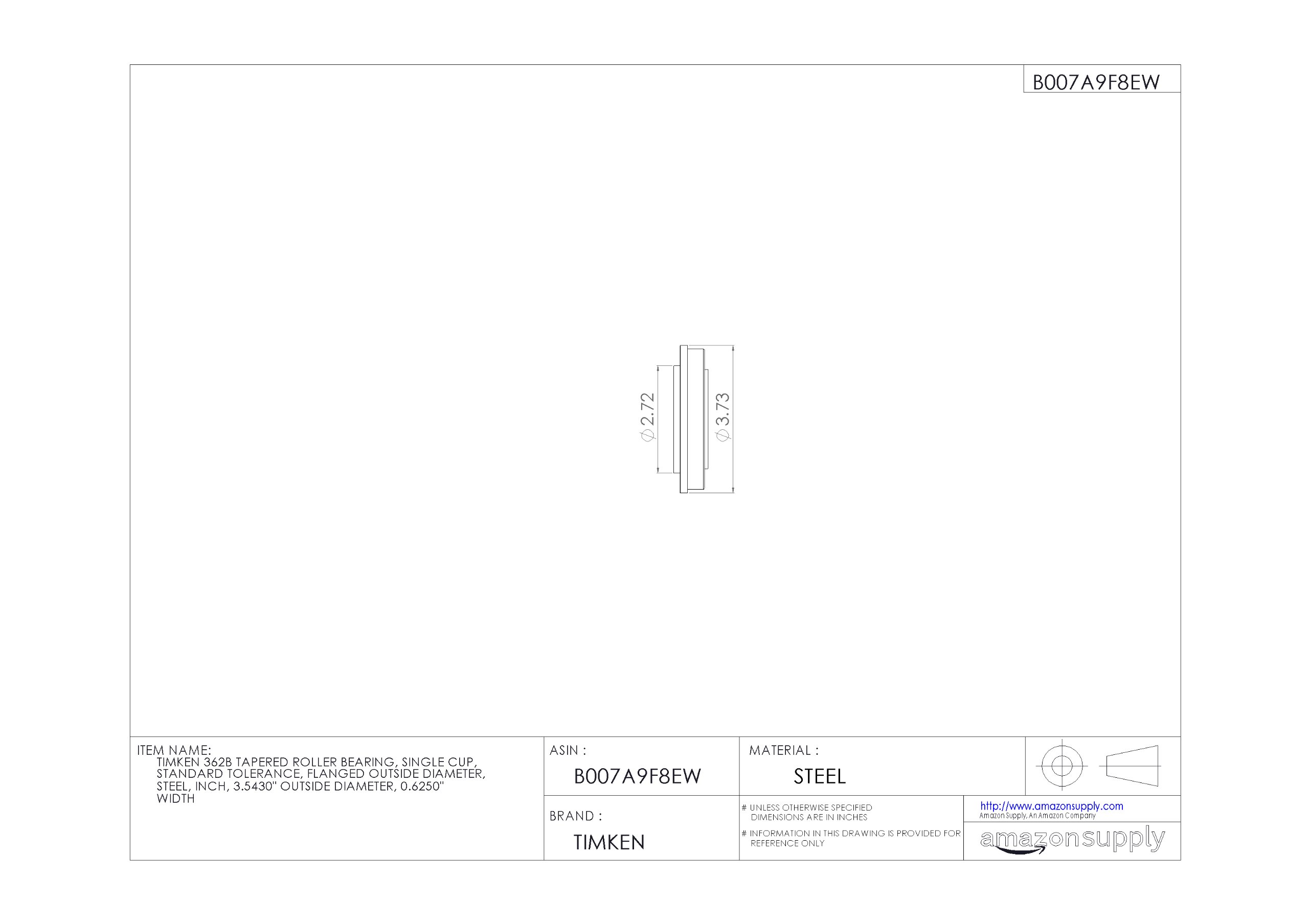 Timken 362B Tapered Roller Bearing - Single Cup, Standard Tolerance, Flanged OD, Steel Construction (3.5430