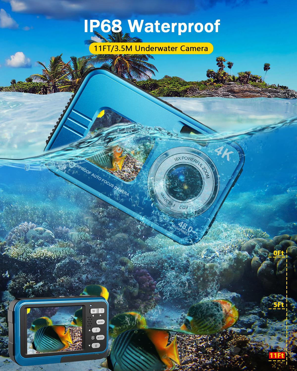 4K Waterproof Underwater Camera with 64GB Card - 48MP Autofocus Dual Screen Selfie Digital Camera for Snorkeling, Diving & Swimming - Compact Portable with 11FT Depth Rating & 2 Batteries - Perfect for Beach Vacations, Pool Parties and Underwater Adventures