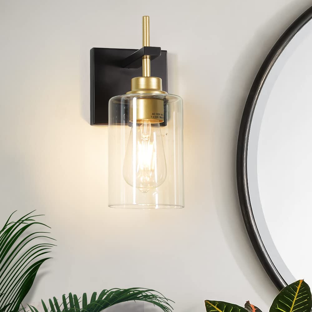 Black Gold Wall Sconces Set of 2 - Modern Glass Bathroom Lighting for Bedroom Living Room