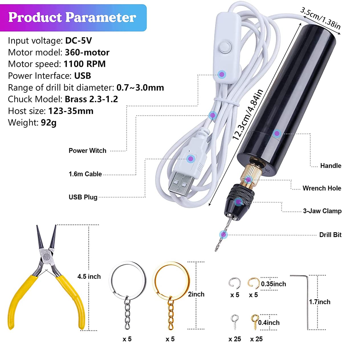 USB Powered Mini Hand Drill Kit - Electric Resin Drill with Keychain Screw Eye Pins, Drill Bits, Wrench & Pliers for DIY Jewelry Making, Resin Crafts & Pendant Creation | Portable Keychain Tool for Crafters & Hobbyists | Perfect for Home DIY Projects, Small Jewelry Repairs & Craft Workshops