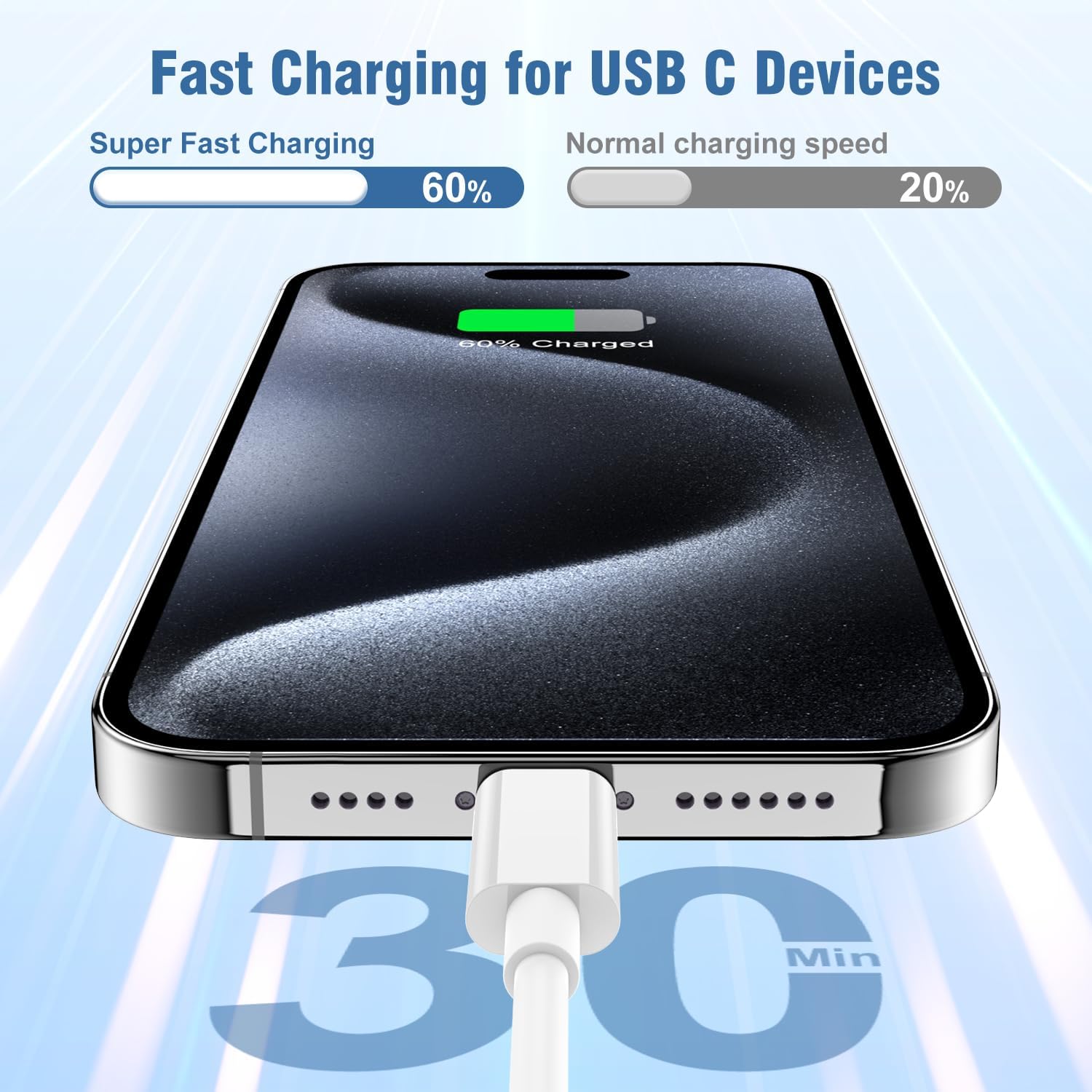 Fast Charging 60W USB C to USB C Cable 10ft & Wall Adapter - Compatible with iPhone 16/15 Pro Max/Plus/Pro - Long Durable Type C Charger for Home, Office, Travel