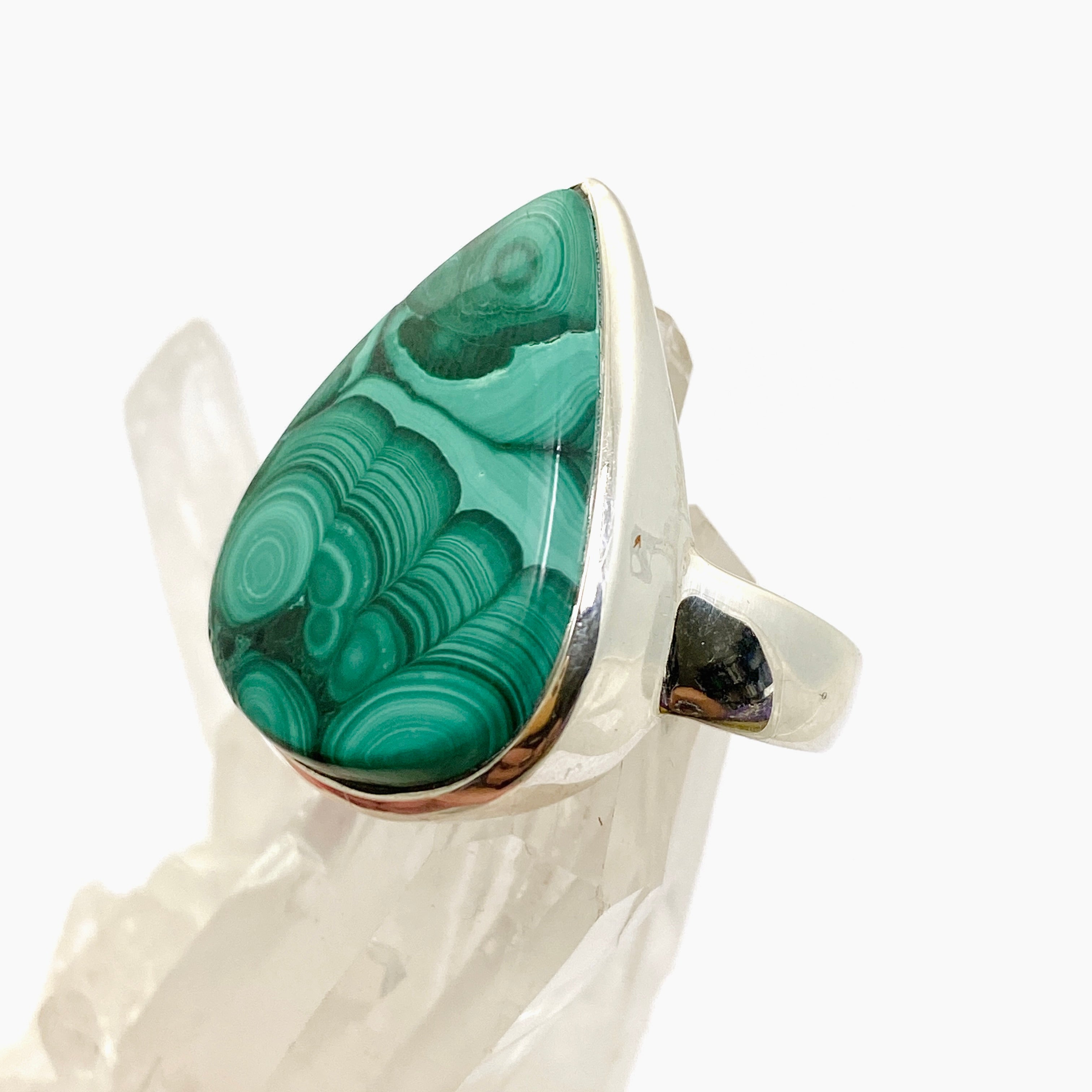 Malachite Teardrop Cabochon Ring - Size 10 - Handmade Sterling Silver Jewelry - PRGJ832 - Perfect for Boho Style & Gift Giving