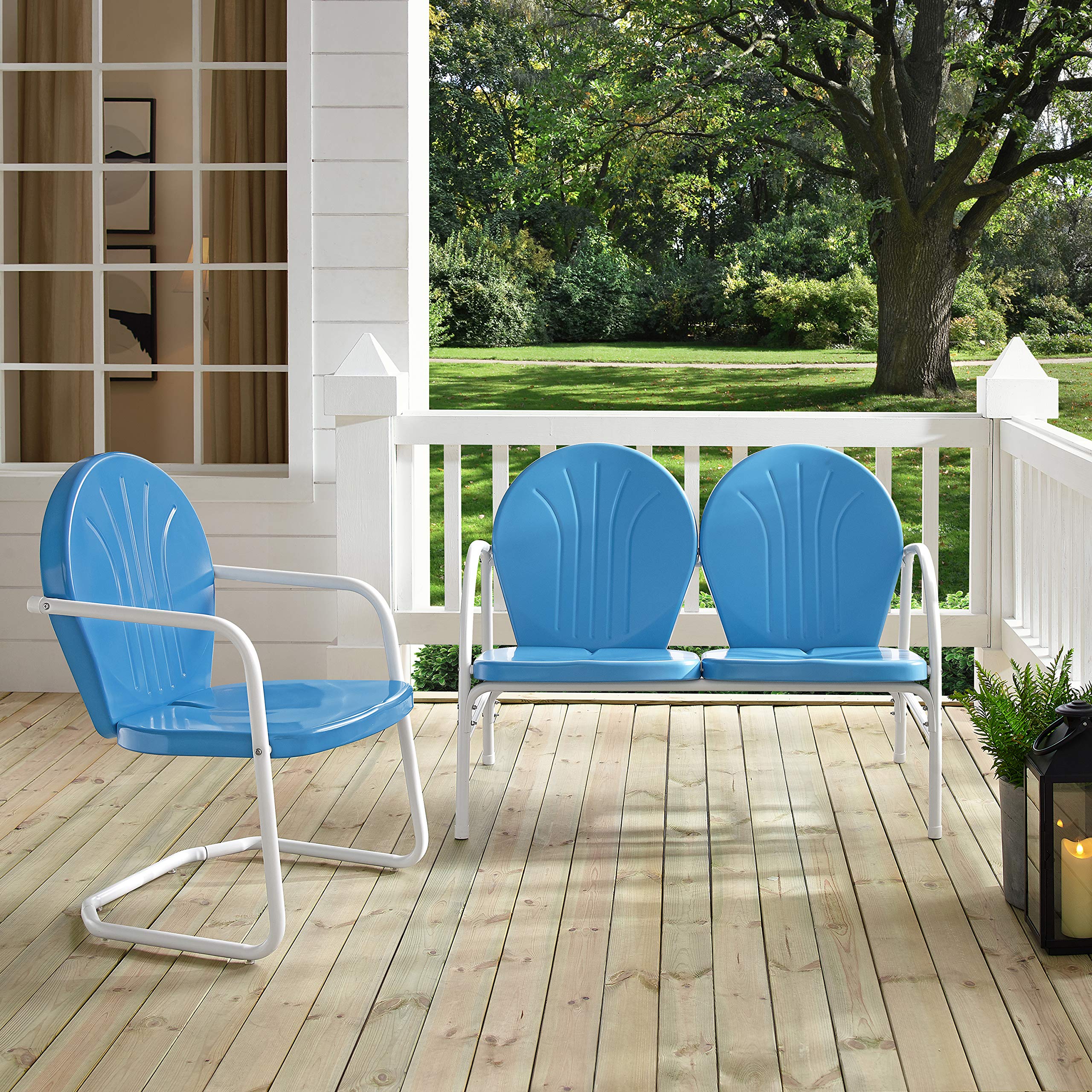Crosley Furniture Griffith 2-Piece Retro Metal Outdoor Chair and Loveseat Set - Sky Blue Patio Furniture for Porch, Garden, Backyard & Poolside Relaxation