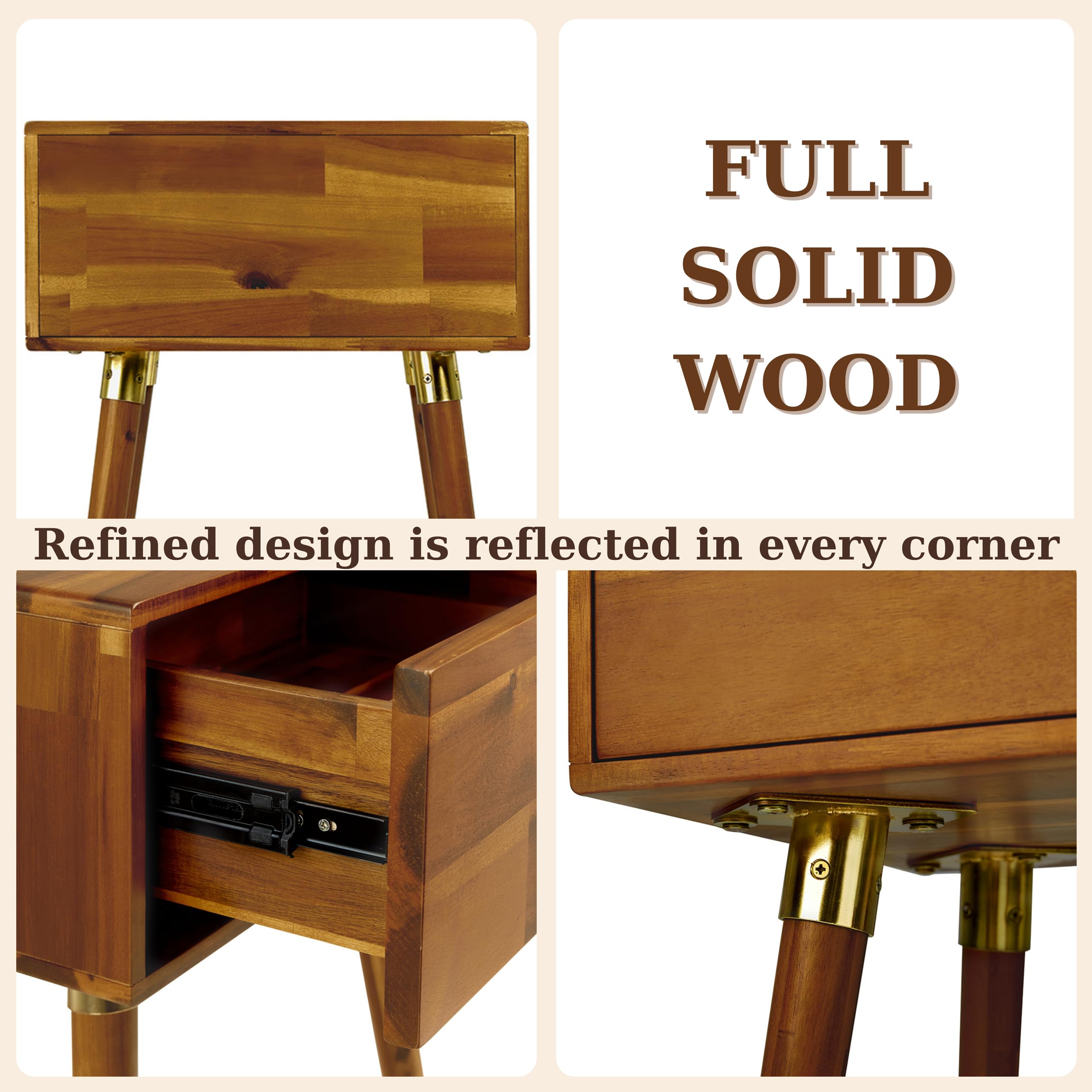 Mid Century Modern Solid Wood Nightstand with 1 Drawer - Fully Assembled End Table/Side Table for Bedroom & Living Room - 12mm Thick Caramel Finish - Perfect for Small Spaces, Guest Rooms & Apartment Decor