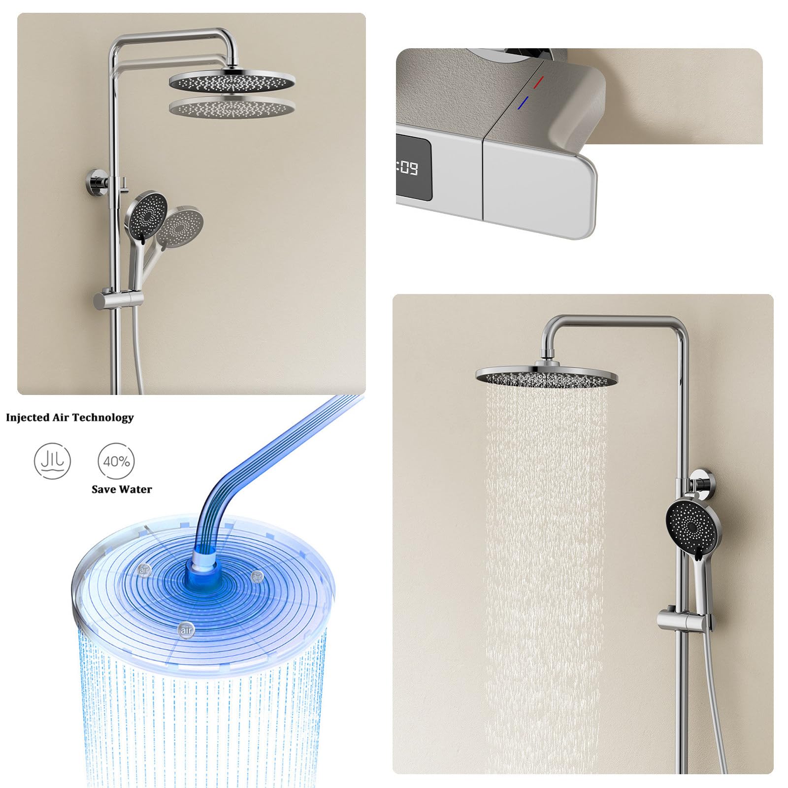 Boyuan Digital Display Brass Mixer Tap - 4 Function Shower System with Round Rainfall Shower Head, 3 Mode Hand Shower & Bidet Sprayer, Adjustable Hot/Cold Water - Perfect for Modern Bathroom Renovation and Spa-Like Shower Experience