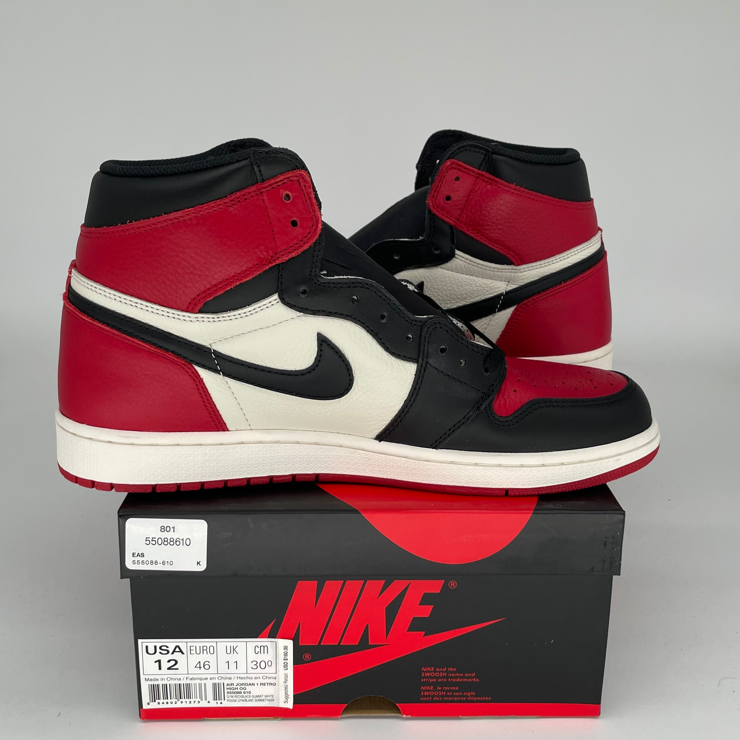 Air Jordan 1 Retro High OG 'Bred Toe' Men's Basketball Shoes Size 12 (555088-610) - Perfect for Sneaker Collectors & Streetwear Fashion