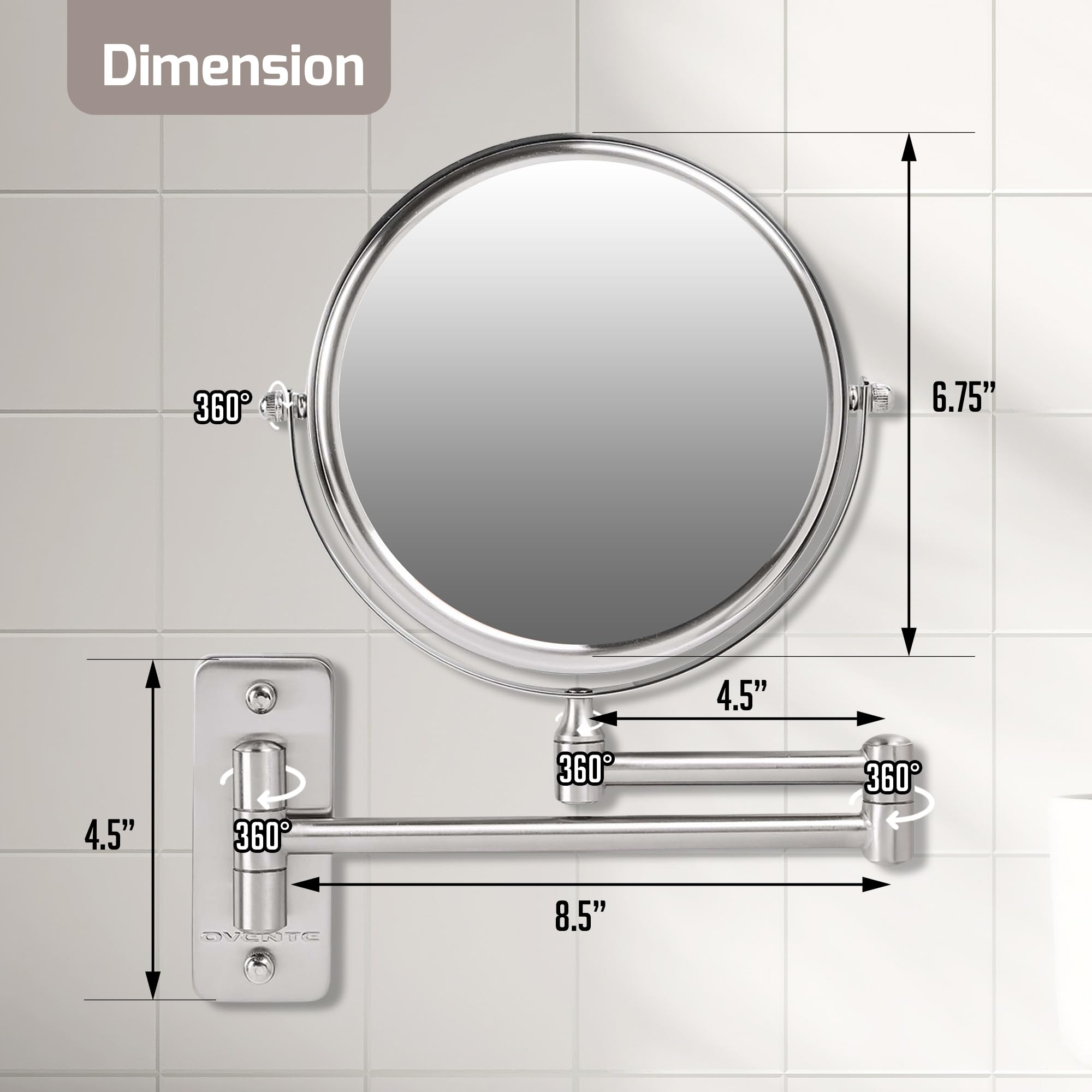 OVENTE 7-Inch Wall Mounted Makeup Mirror with 1X/10X Magnification - Double Sided Round Bathroom Vanity Mirror, 360° Swivel & Extendable Folding Arm in Brushed Nickel (MNLFW70BR1X10X) - Perfect for Makeup Application, Skincare Routine & Shaving in Small Bathrooms