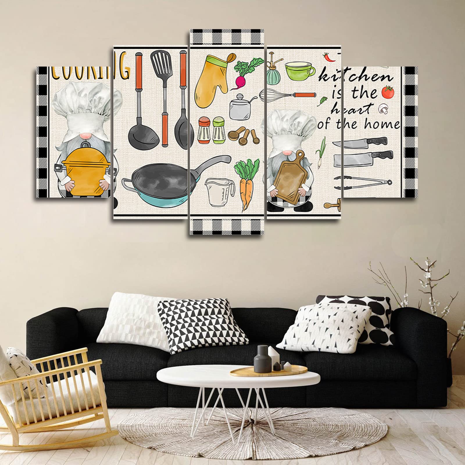 Black and White Buffalo Plaid Wall Art Set - 5pc Oversized Framed Kitchen Decor (68x36in) - Ready to Hang Cooking Theme Prints for Living Room, Bedroom & Office - Rustic Gnome & Utensils Painting