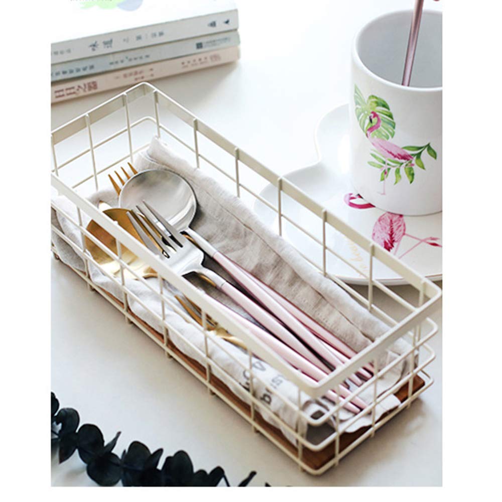 Metal Wire Storage Basket with Wood Base - Decorative Organizing Bin for Kitchen, Bathroom, Tableware & Home Organization - Beige Home Storage Solution for Shelves, Countertops & Closets