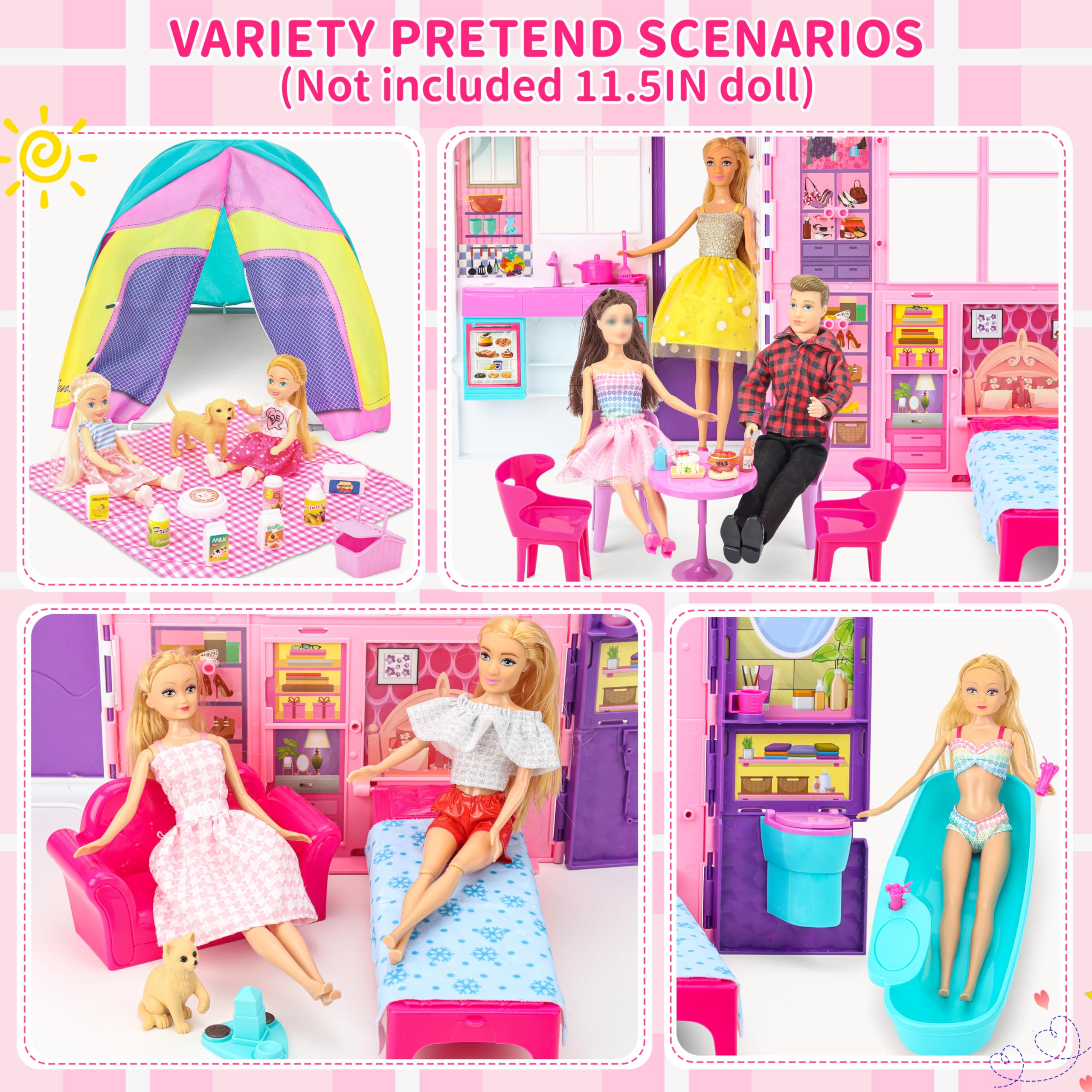 Portable & Foldable Dollhouse with 60+ Accessories & 2 Dolls - Play House Toy with Bedroom, Kitchen, Pet House & Camping Playset - Perfect Birthday Gift for Girls, Kids & Toddlers - Great for Indoor Play, Pretend Play & Gift Giving