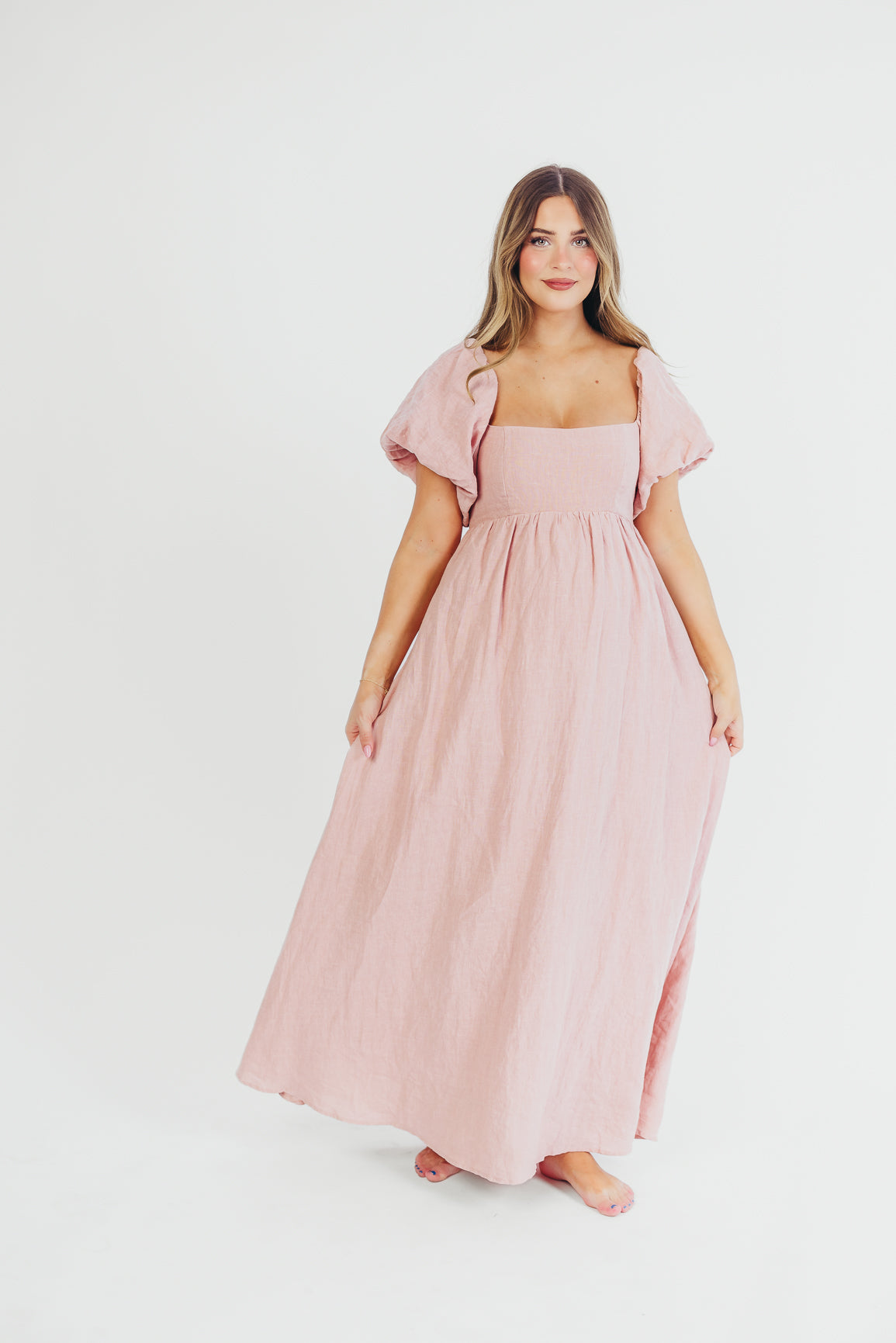 Candace Maxi Dress in Sweet Blush - 100% Linen Bump Friendly Maternity Dress for Women | Perfect for Summer, Beach, and Casual Wear