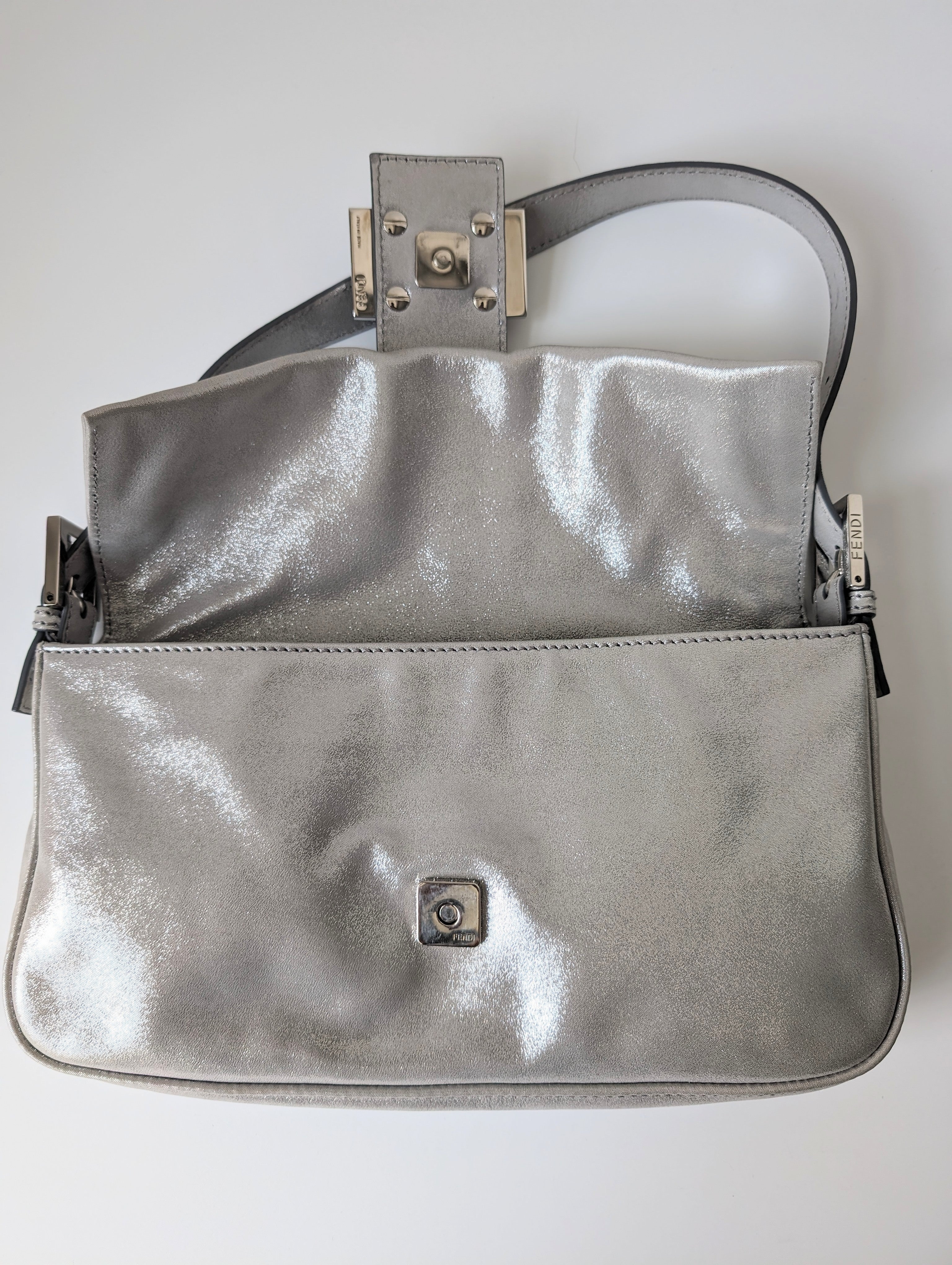 Exclusive Fendi Shimmering Silver Baguette Bag with Rhinestone Buckle - Perfect for Evening Parties & Luxury Fashion Accessories