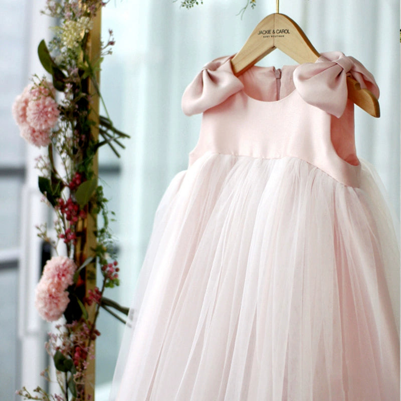 Pink Princess Round Tea Length Satin Flower Girl Dress - Perfect for Weddings, Birthday Parties & Special Occasions