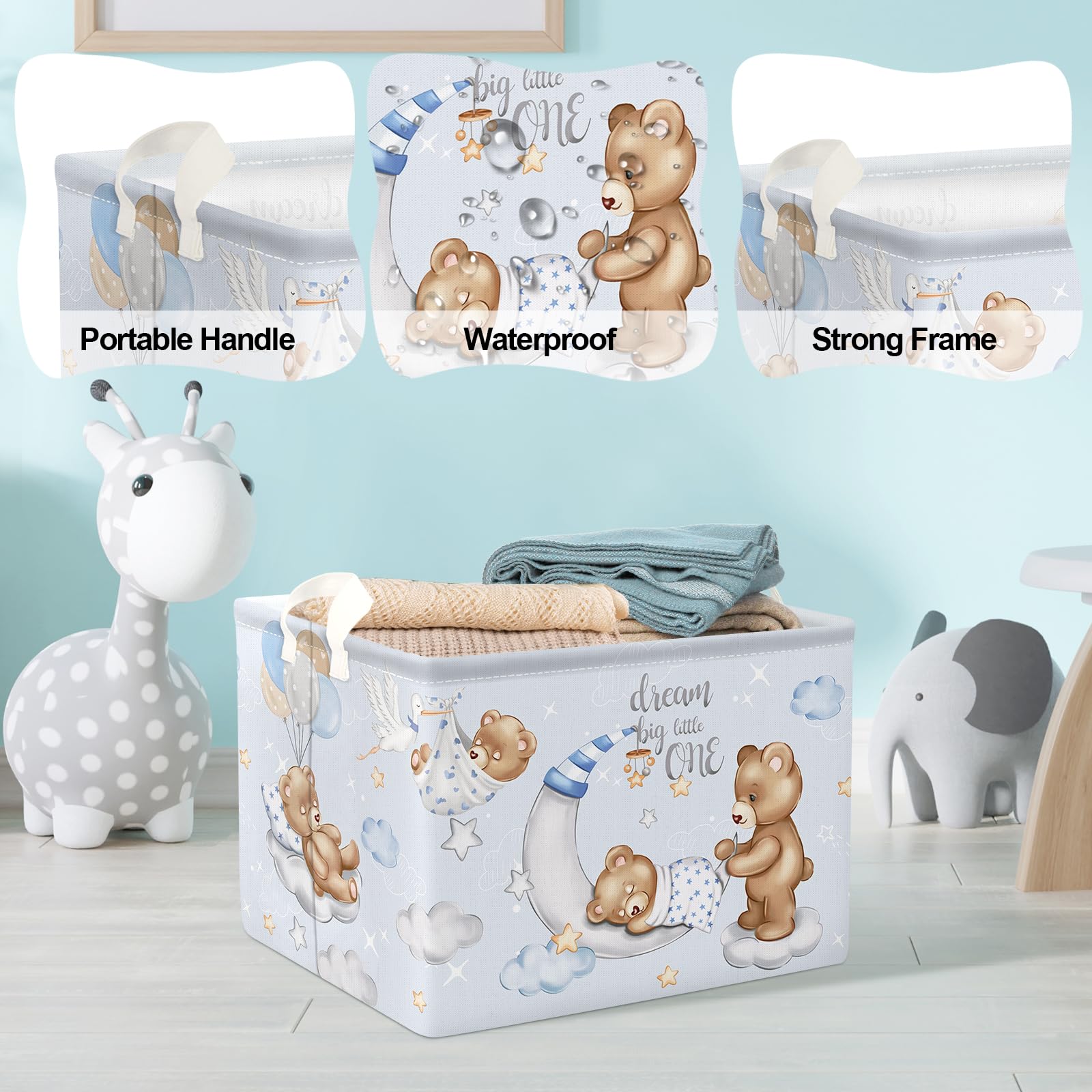 Clastyle Blue Rectangle Storage Basket for Baby Shower & Kids Room - Organize Clothes, Toys with Sleeping Bear, Balloons, Clouds, Stars & Moon Design - Perfect Nursery Decor & Toy Storage Solution