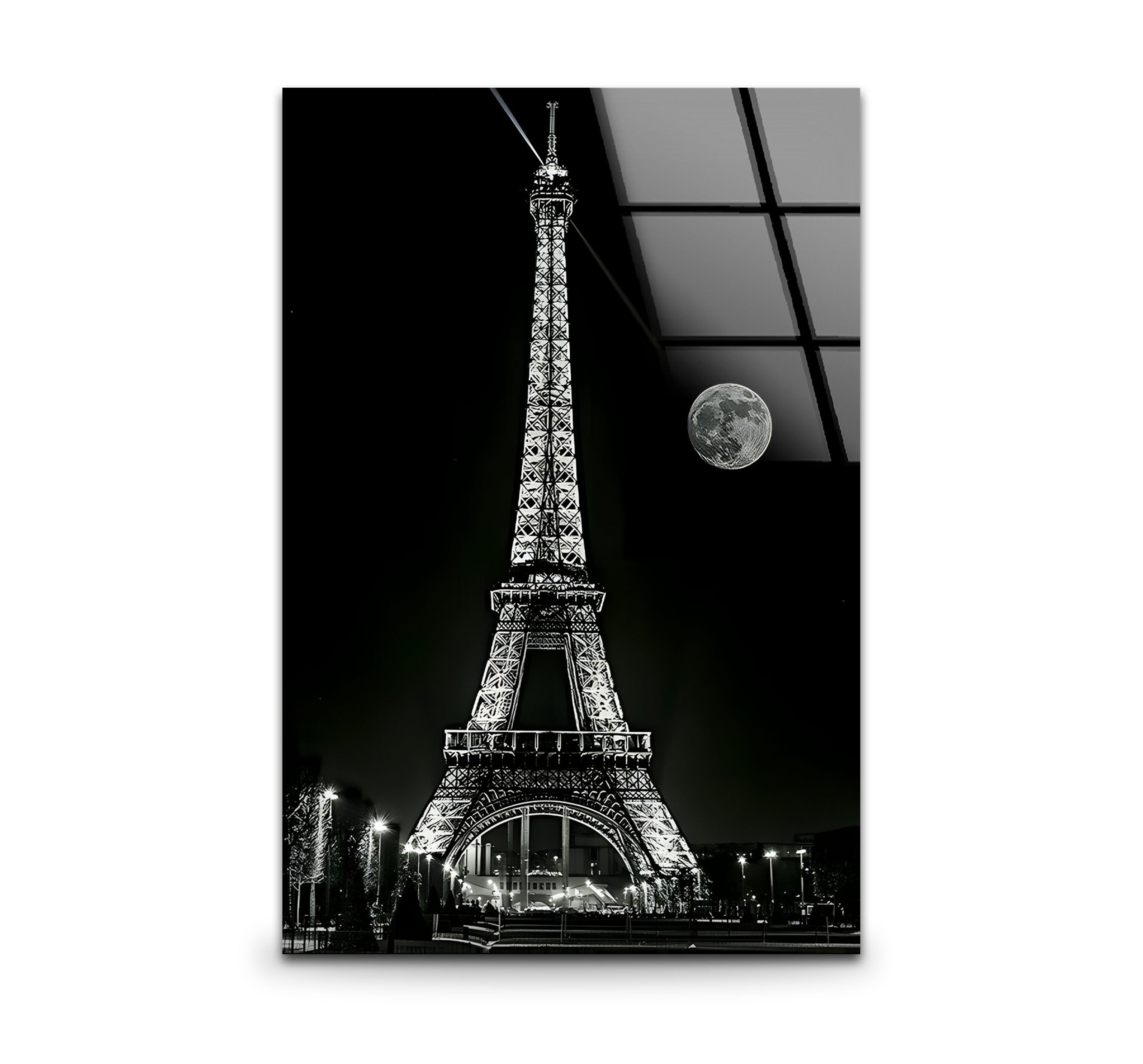 Elegant Black and White Eiffel Tower Glass Wall Art - Parisian Home Decor for Living Room, Bedroom & Office