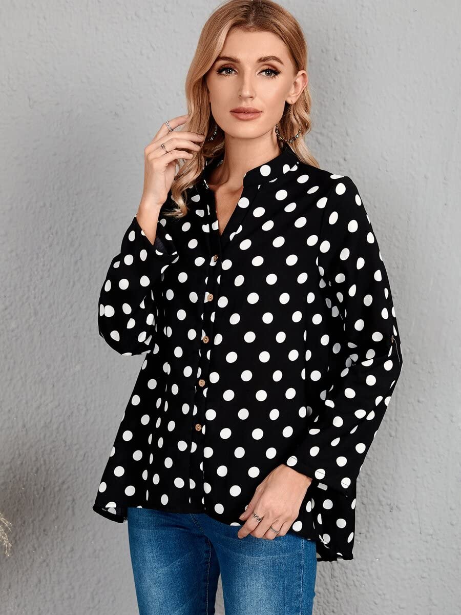 TINMIIR Women's Polka Dot Roll Tab Sleeve Blouse - Black & White, Size Medium | Casual Office Wear & Spring Summer Fashion Top