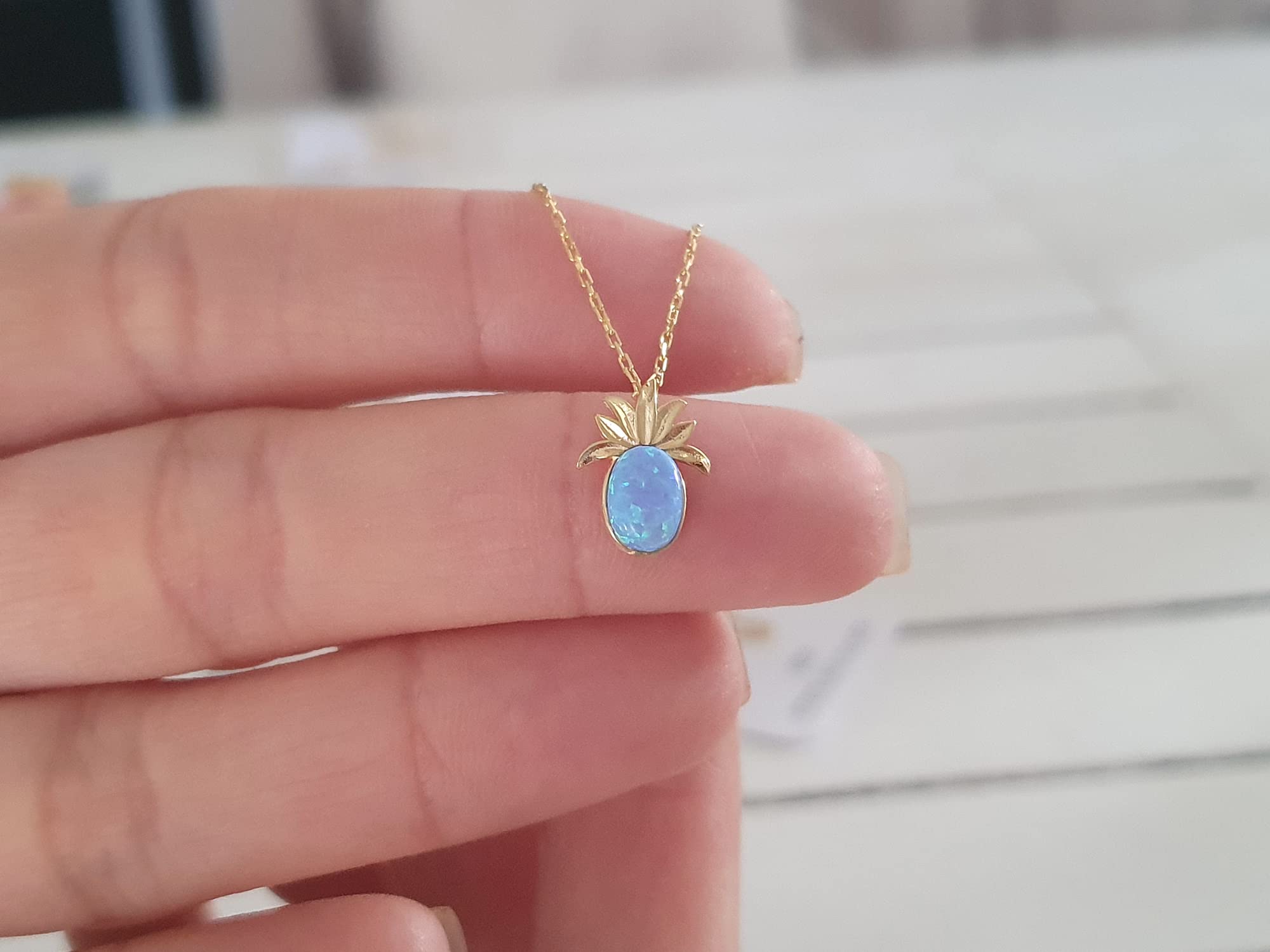 14K Solid White Gold Pineapple Blue Opal Pendant Necklace - Elegant Jewelry Gift for Christmas, Valentine's Day & Mother's Day - Perfect for Parties, Weddings & Special Occasions