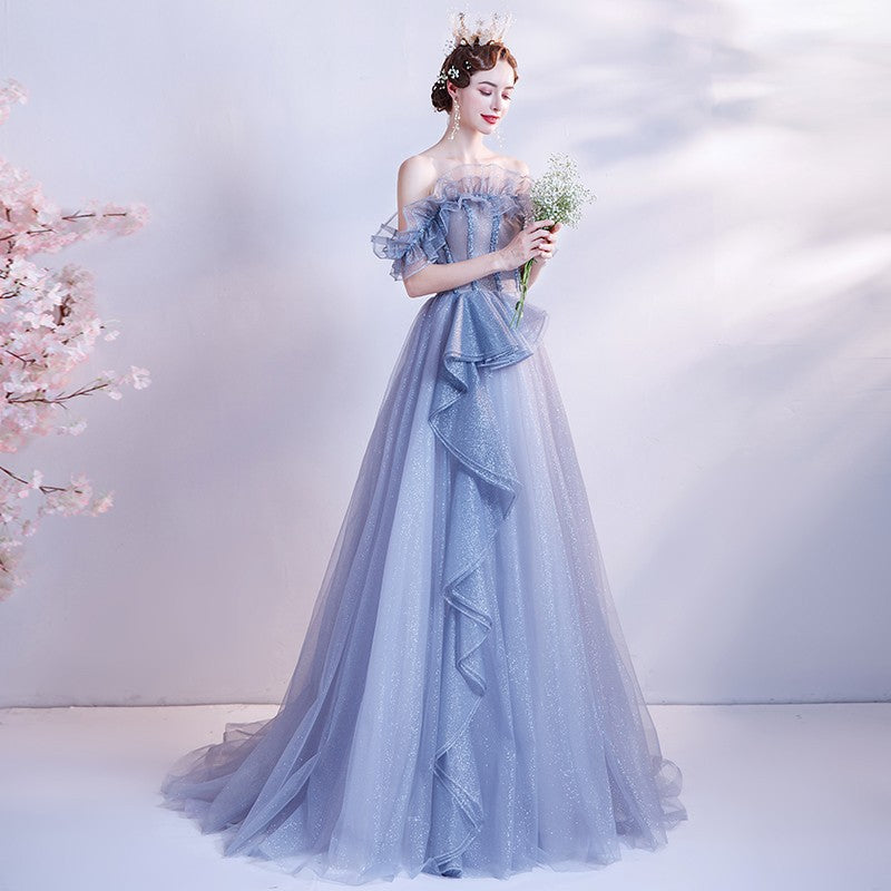 Elegant Blue Off-Shoulder Long Prom Dress with Tulle Skirt - Formal Evening Gown for Homecoming, Wedding & Special Occasions | Size 150