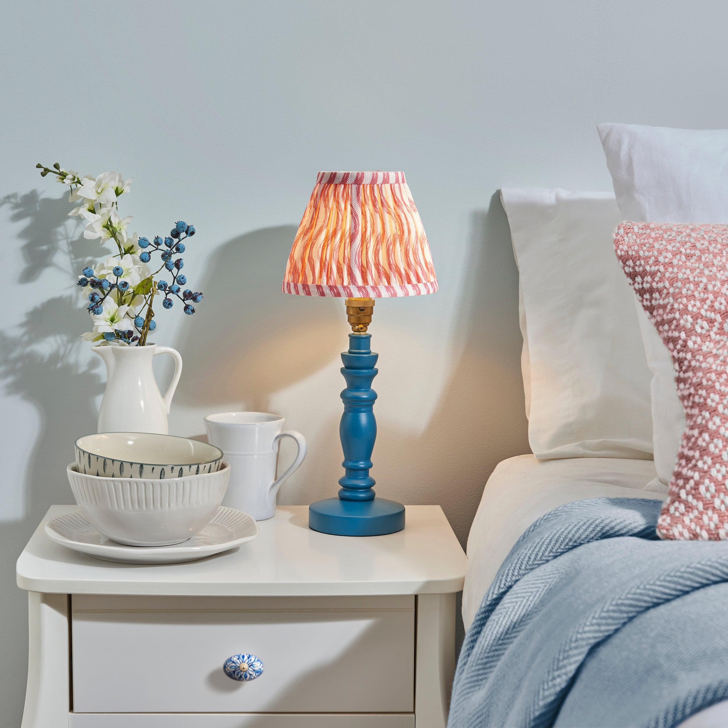 Bibury Blue Table Lamp with 16cm Coral Pink Ripple Shade - Perfect for Bedroom, Living Room, and Office Decor