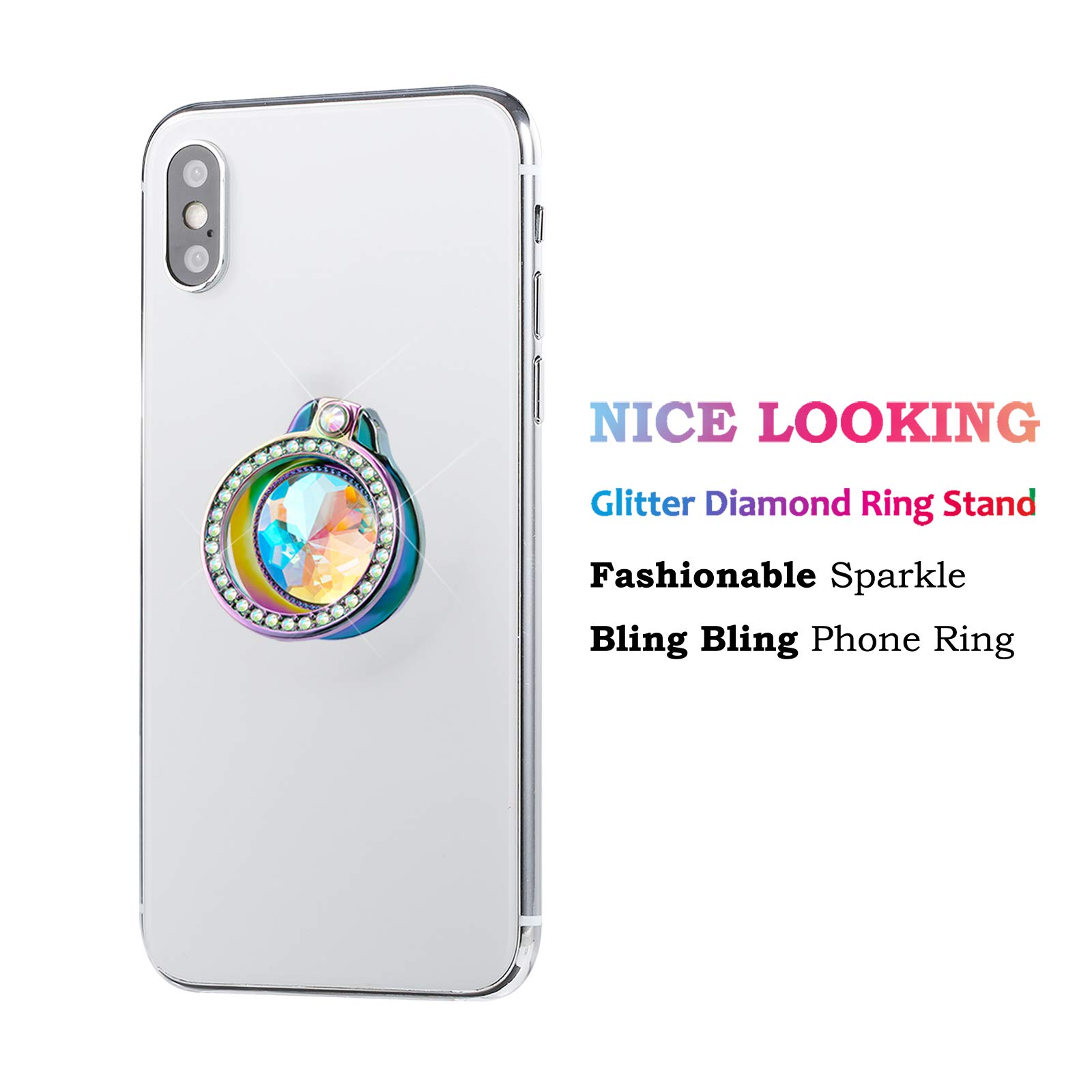 Iridescent Glitter Phone Ring Holder with Rainbow Sparkle & Teal Rhinestones - Bling Bling Artificial Diamond Stand for Cell Phones | Perfect for Selfies, Videos & Secure Grip (Stylish Phone Accessory for Women & Girls)