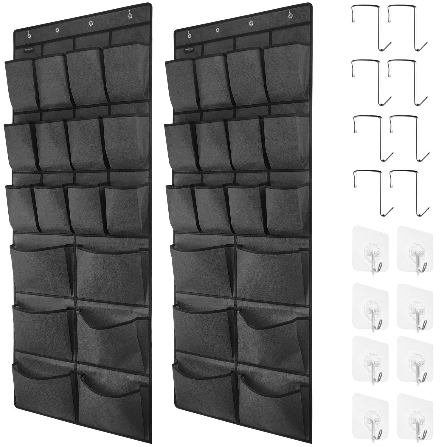 TidyMaster Over The Door Shoe Organizer - 2 Pack, 18 Pockets (12+6) Large Linen Storage Hanger with 16 Hooks (8+8) for Shoes, Closet & Bedroom - Gray, 59