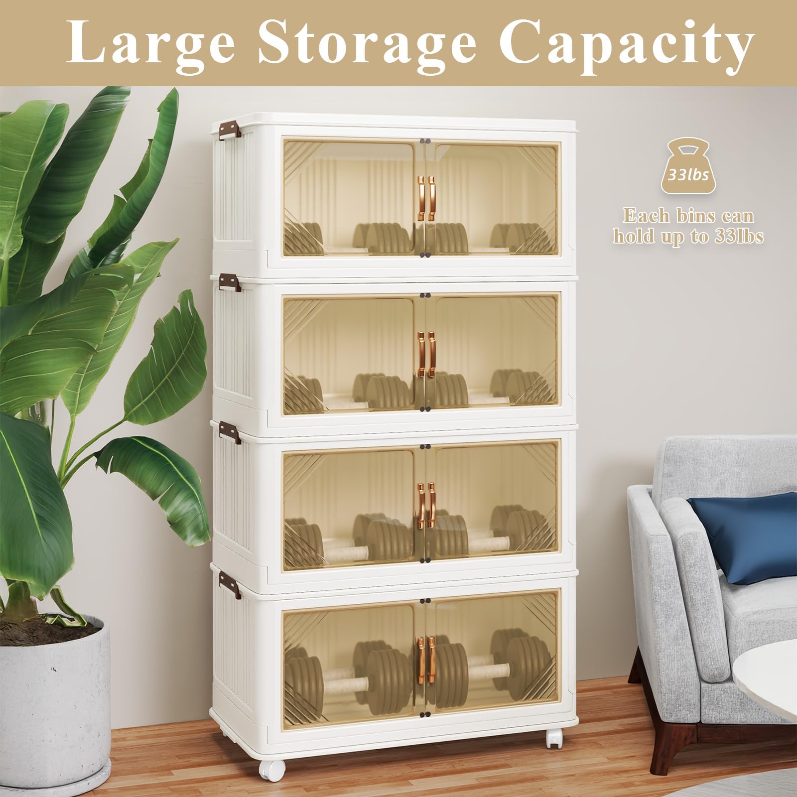 120 Gallon (480 Qt) Stackable Storage Bins with Lids - 4 Pack Large White Collapsible Storage Containers with Wheels | Foldable & Customizable for Home, Office, Garage & Closet Organization | Perfect for Seasonal Decor, Toys, Clothes & Household Items Storage