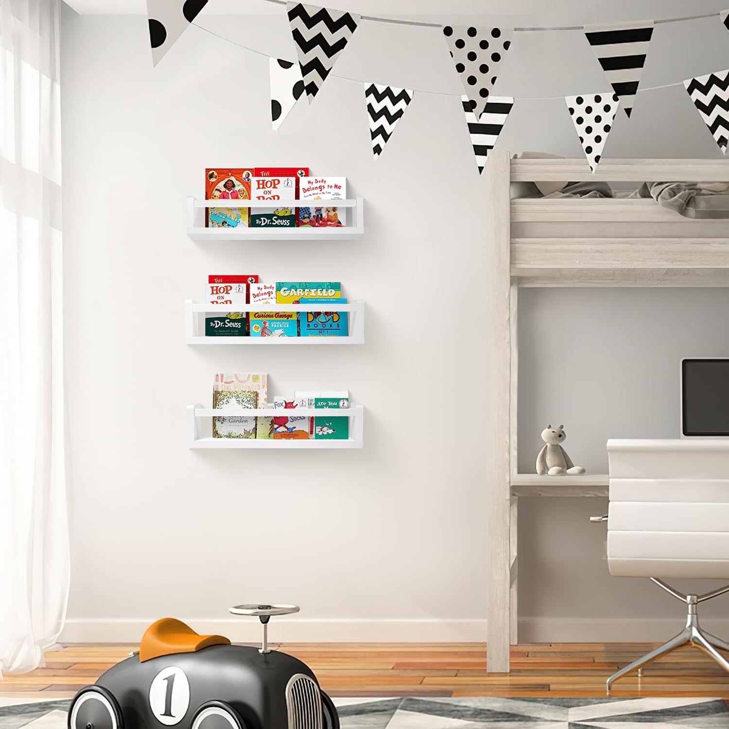 3-Piece White Nursery Book Shelves Set - 16.5 Inch Wall-Mounted Kids Bookshelf for Baby Bedroom, Playroom & Toy Storage | Perfect for Nursery Decor, Children's Book Organization & Montessori Learning Spaces