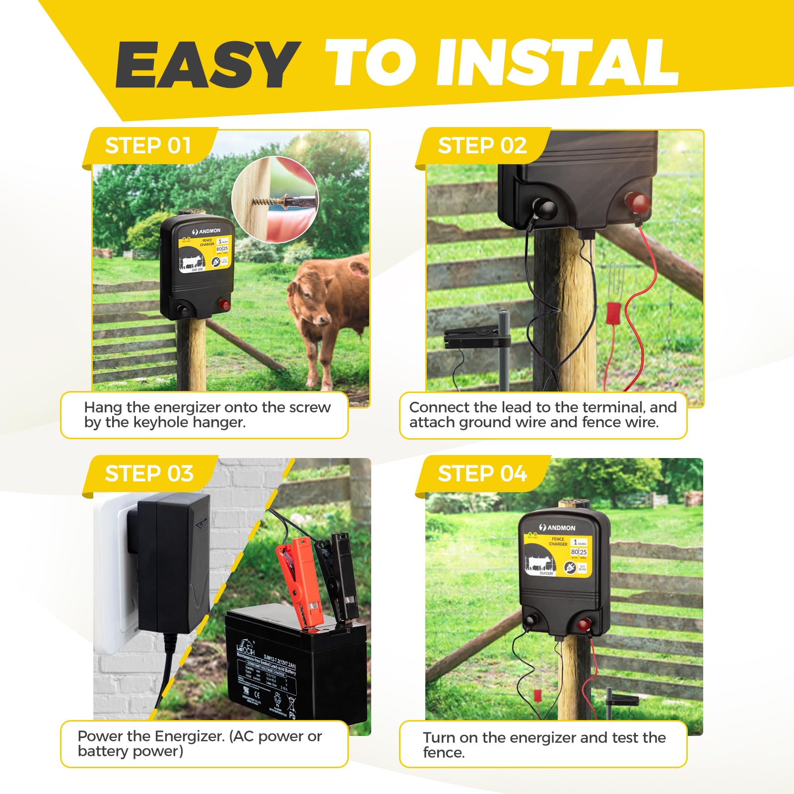 DUO10 1.4 Joule Electric Fence Charger - 25 Mile Range for 80 Acres - Dual Power (Battery & AC) - Bear & Raccoon Proof Security Fence Energizer - Perfect for Farm, Ranch & Wildlife Protection