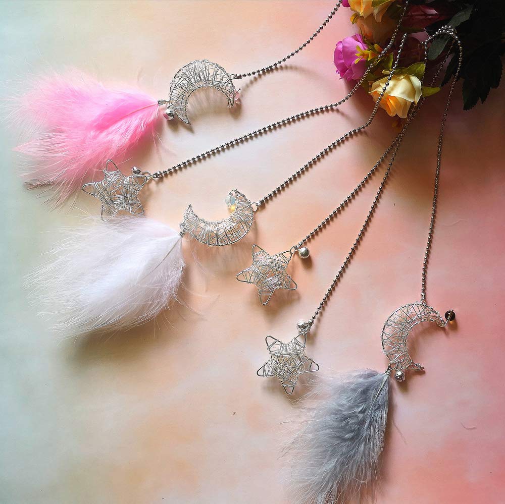 2 Pcs Bohemian Dream Catcher Car Hanging Decor - Crescent Moon & Star with Pink Feathers, Rearview Mirror Ornament for Car, Home, Bedroom, Office - Boho Chic Style for Relaxation & Positive Vibes
