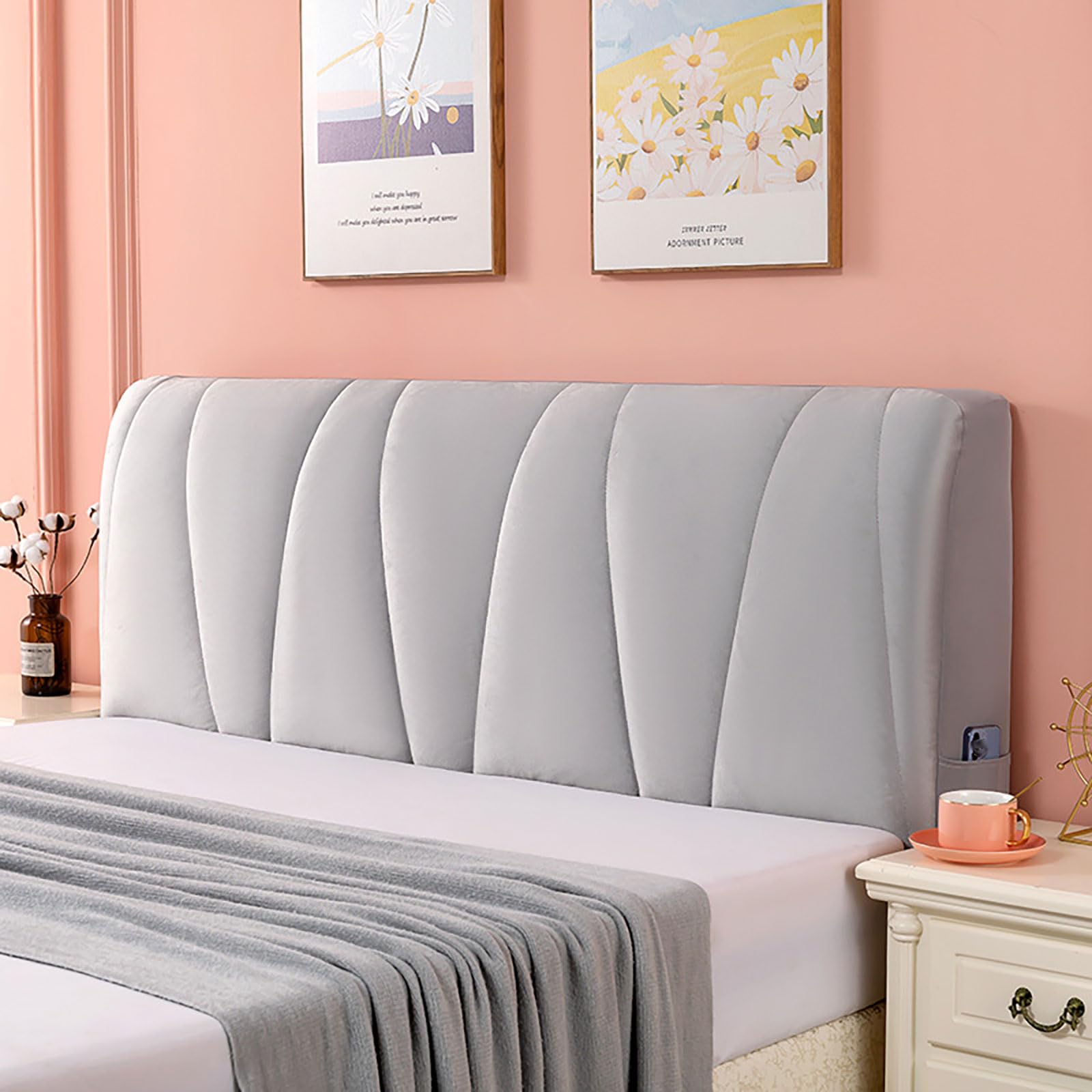 Velvet Bed Headboard Slipcover with Side Storage Pockets - Queen/Full/Twin/Cal King Size - Quilted Thickened Dustproof Headboard Protector Cover (Silver Grey, 150cm) - Perfect for Bedroom Decor & Dust Protection
