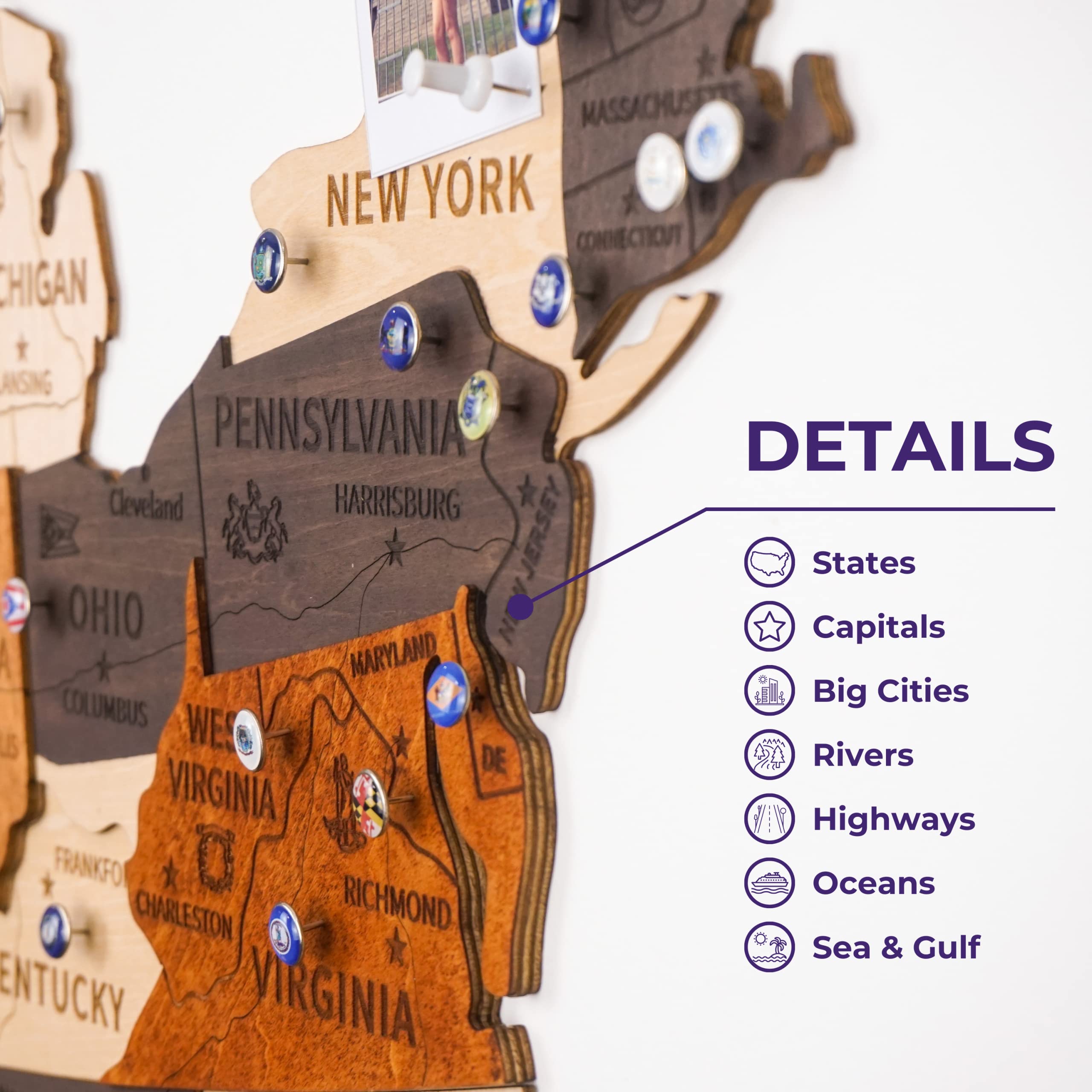 3D Wooden USA Map Wall Art - Patriotic Home Decor for 4th of July, Travel Lovers & New Home Gifts - Push Pin Map with Wall Stickers - Perfect for Office, Living Room & Housewarming Presents (Men & Women)
