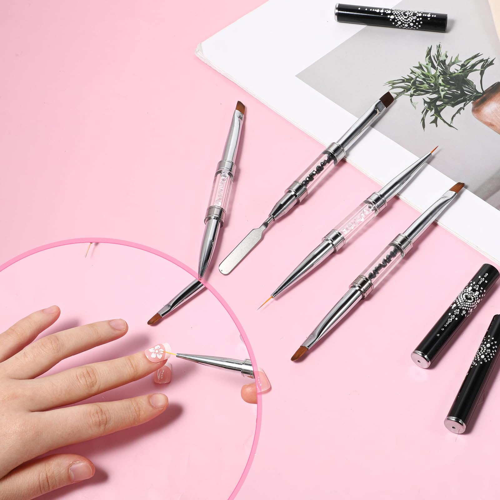 4pcs Dual-Ended Professional Nail Art Brushes - Builder Gel Brush & French Tip Liner with Rhinestone Handle for Hard Gel, Manicure & Nail Design | Perfect for Salon, Home DIY & Professional Nail Artists