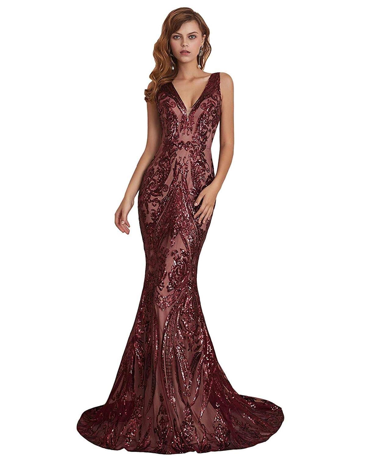 Engerla Women's Mermaid V-Neck Evening Dress with Sequins - Elegant Prom, Party, Pageant Gown for Special Occasions | Perfect for Weddings, Galas, and Red Carpet Events