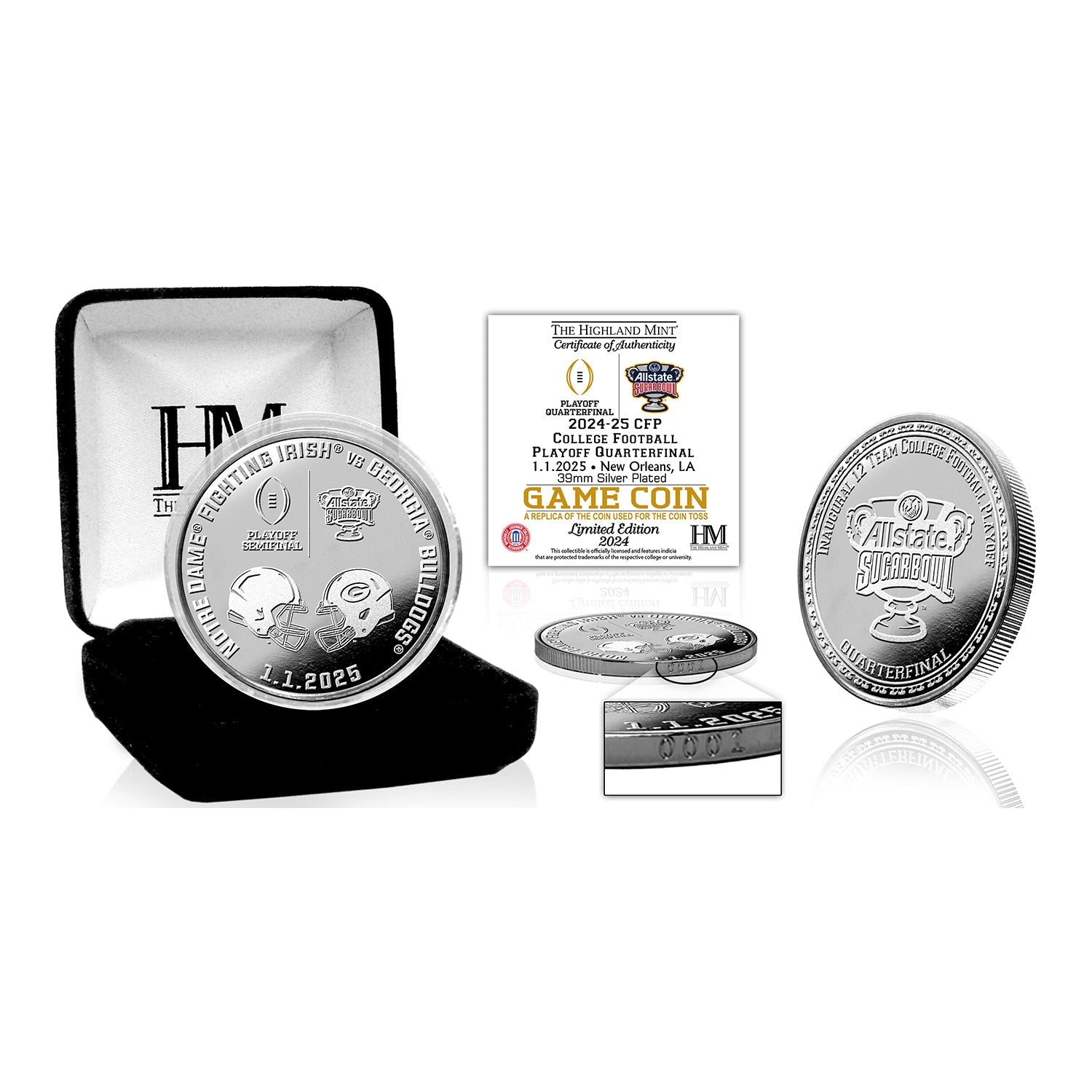 2024-25 CFP Quarterfinal Notre Dame vs Georgia Sugar Bowl Commemorative Silver Game Coin – Collectible NCAA Football Championship Memorabilia for Fans & Collectors (Perfect for Display, Gifts, and Sports Enthusiasts)